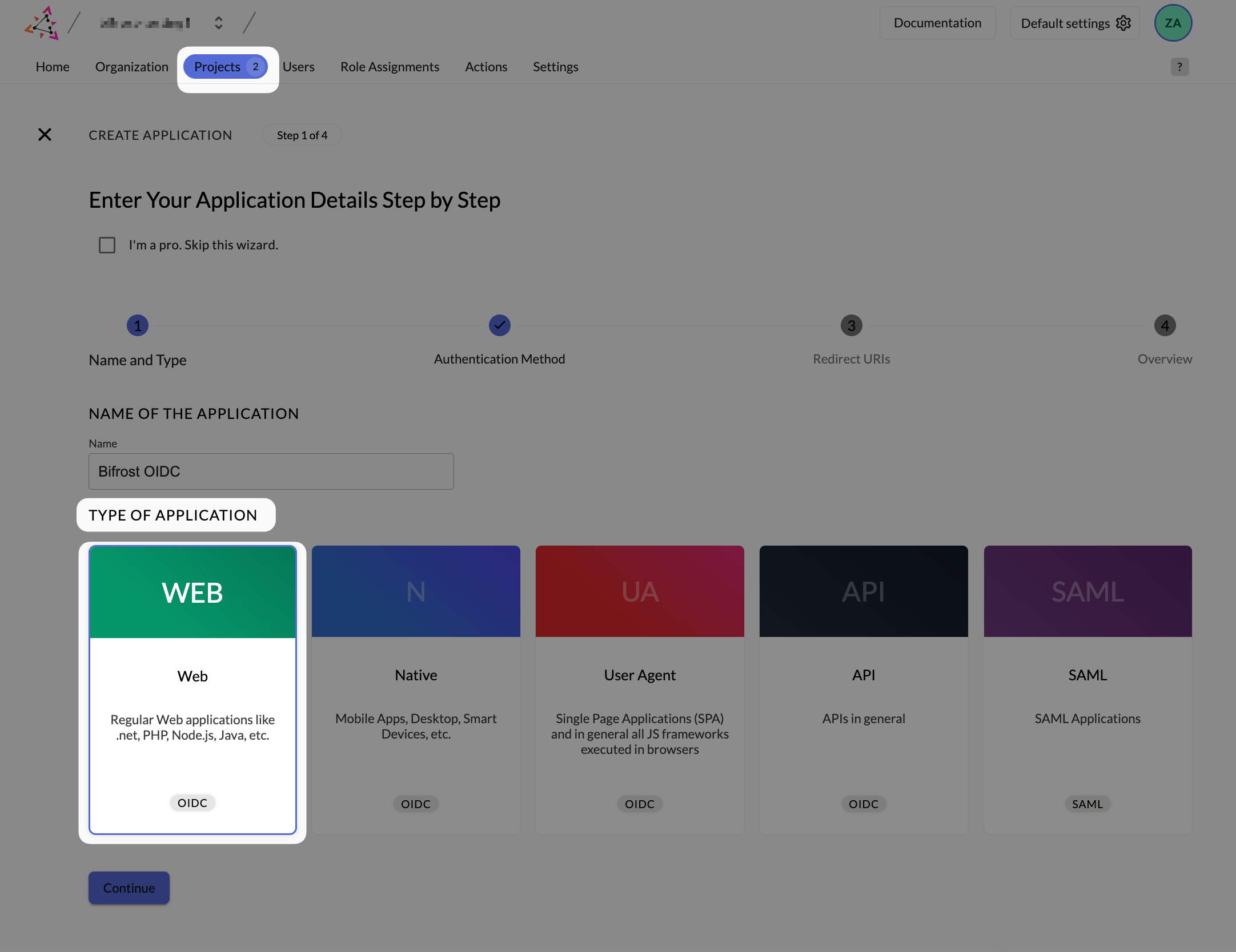Zitadel Create Application wizard showing Bifrost OIDC name and Web type selected