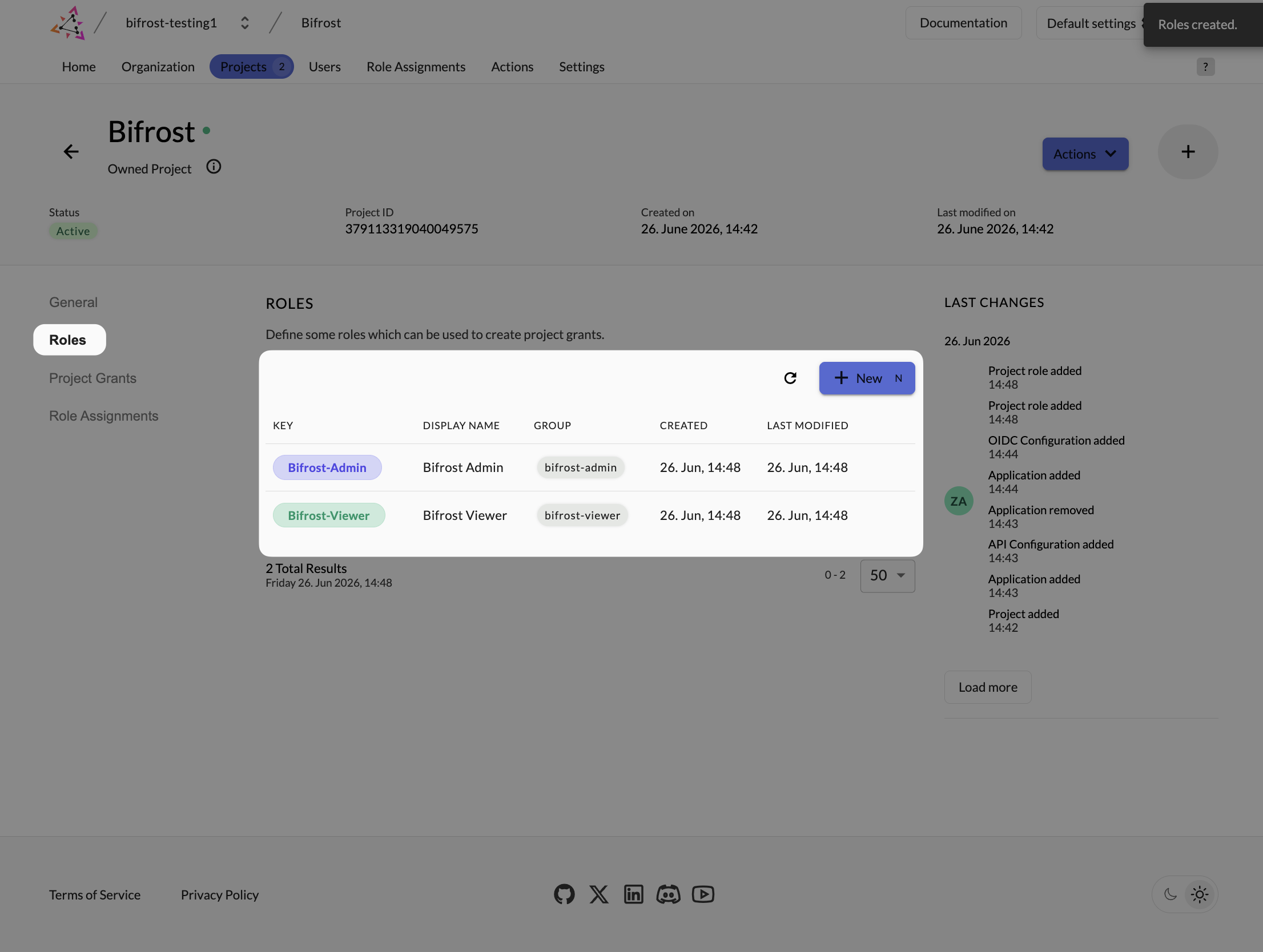 Zitadel project Roles tab showing Bifrost-Admin and Bifrost-Viewer roles created