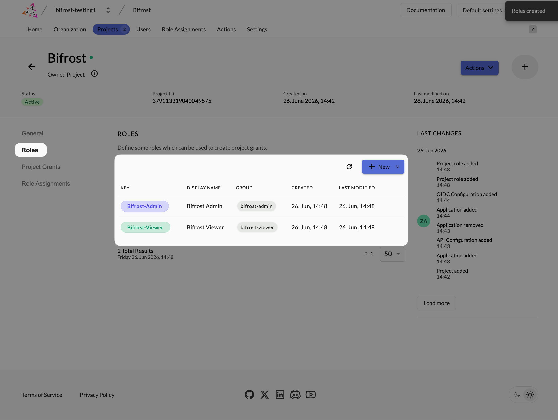 Zitadel project Roles tab showing Bifrost-Admin and Bifrost-Viewer roles created