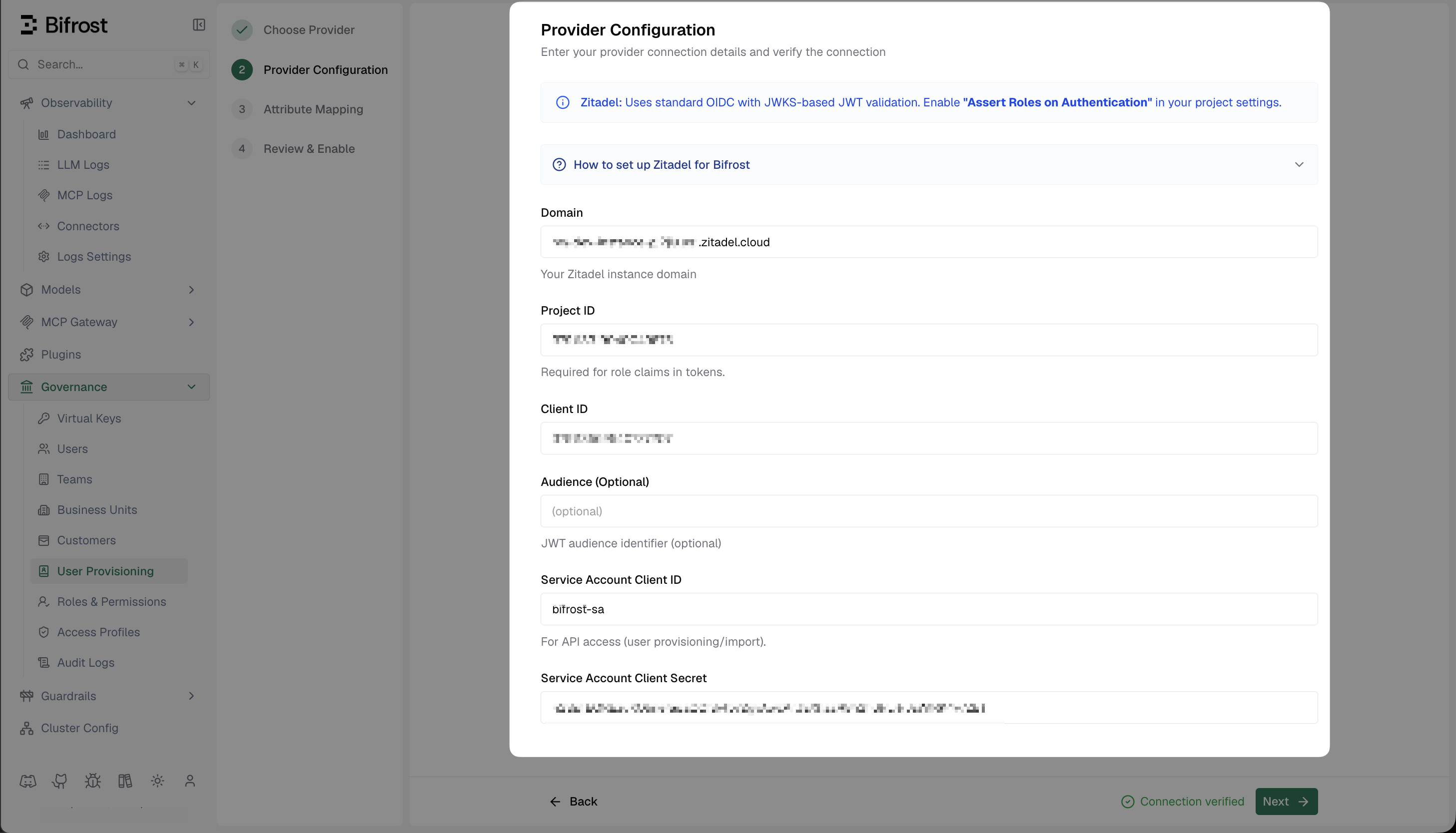 Bifrost Provider Configuration form for Zitadel showing Domain, Project ID, Client ID, and Service Account fields with connection verified