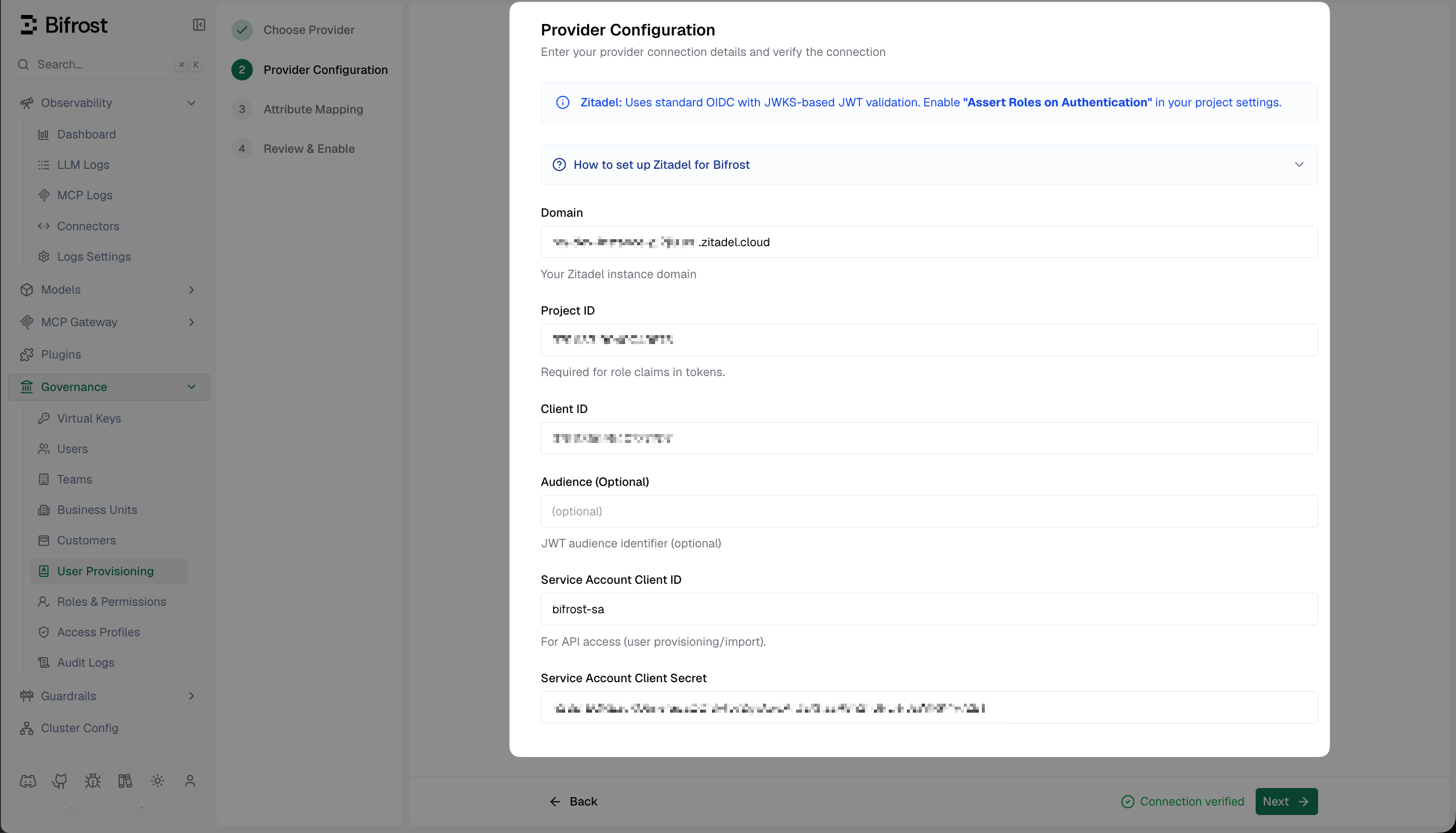 Bifrost Provider Configuration form for Zitadel showing Domain, Project ID, Client ID, and Service Account fields with connection verified