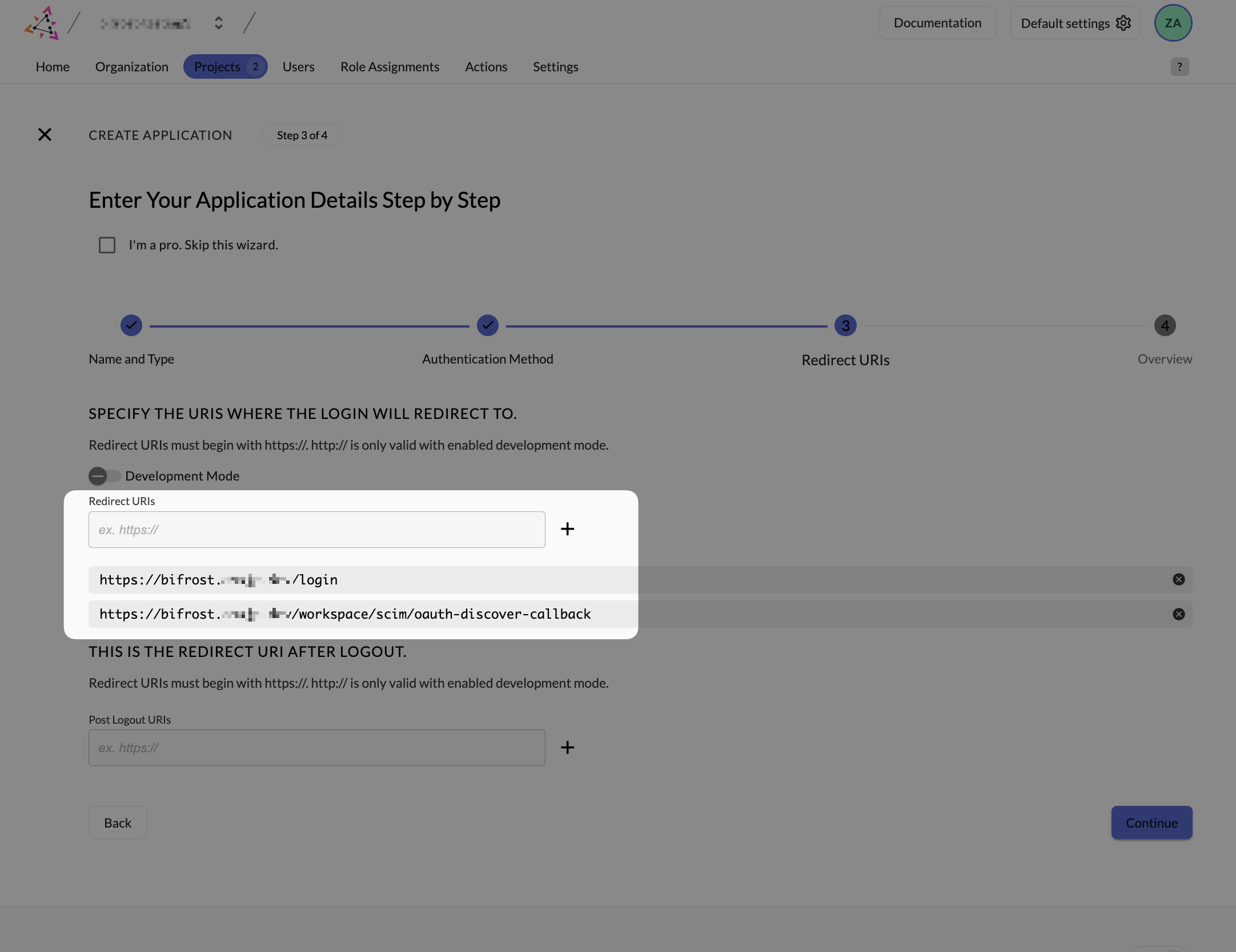 Zitadel application redirect URIs step showing the Bifrost login and discovery callback URLs