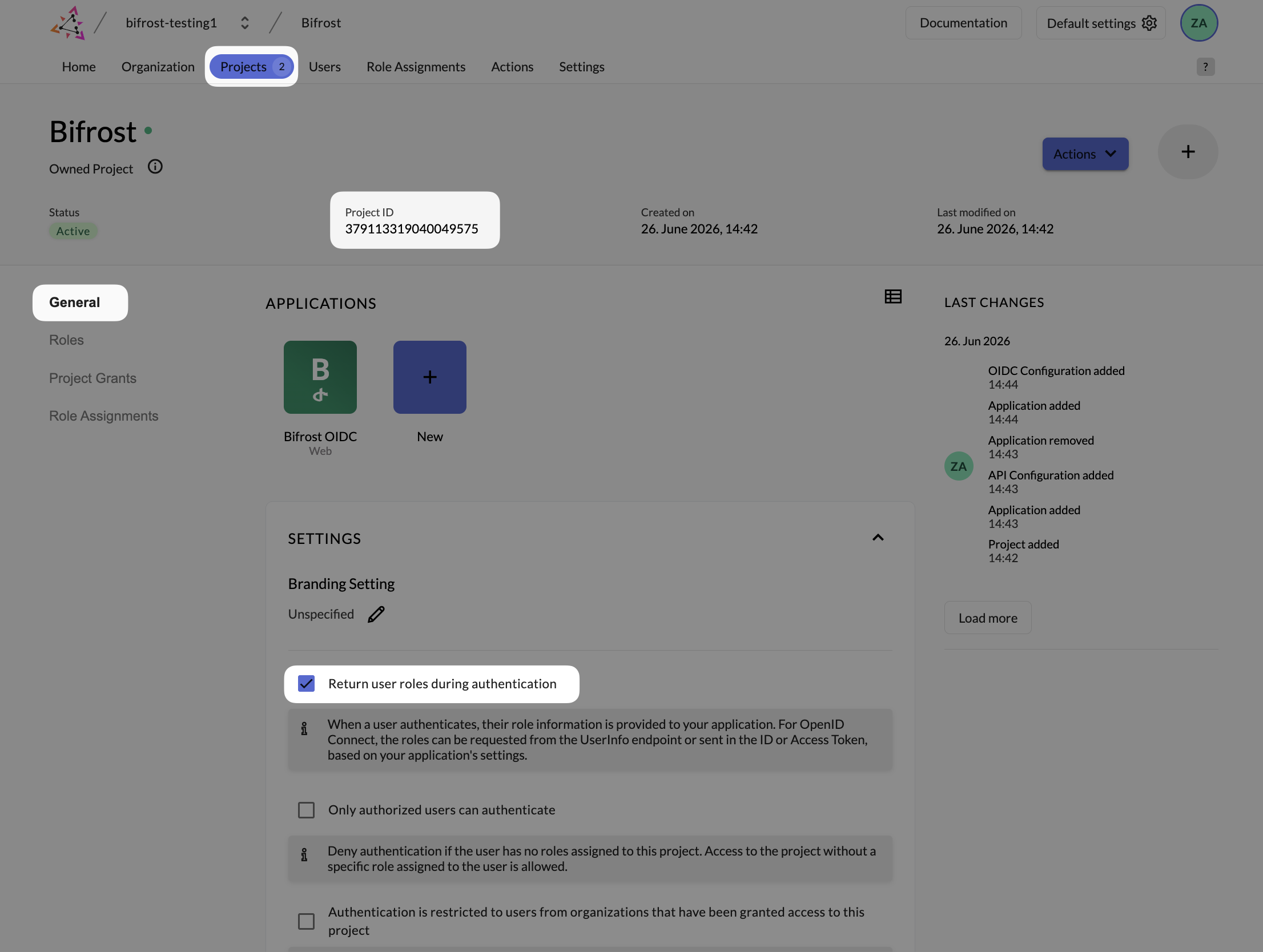 Zitadel project General settings showing Return user roles during authentication checkbox enabled