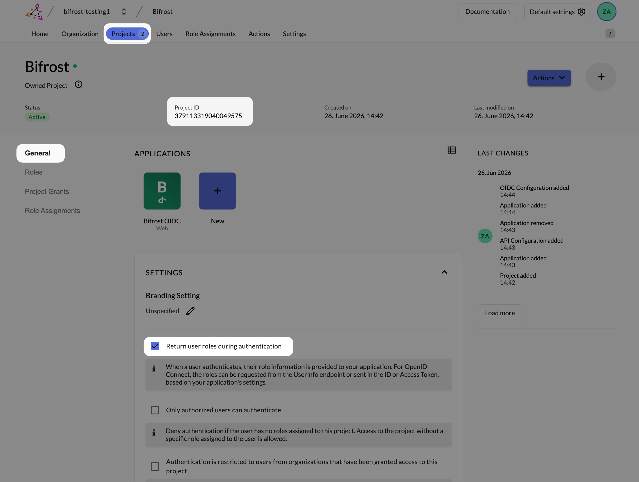 Zitadel project General settings showing Return user roles during authentication checkbox enabled