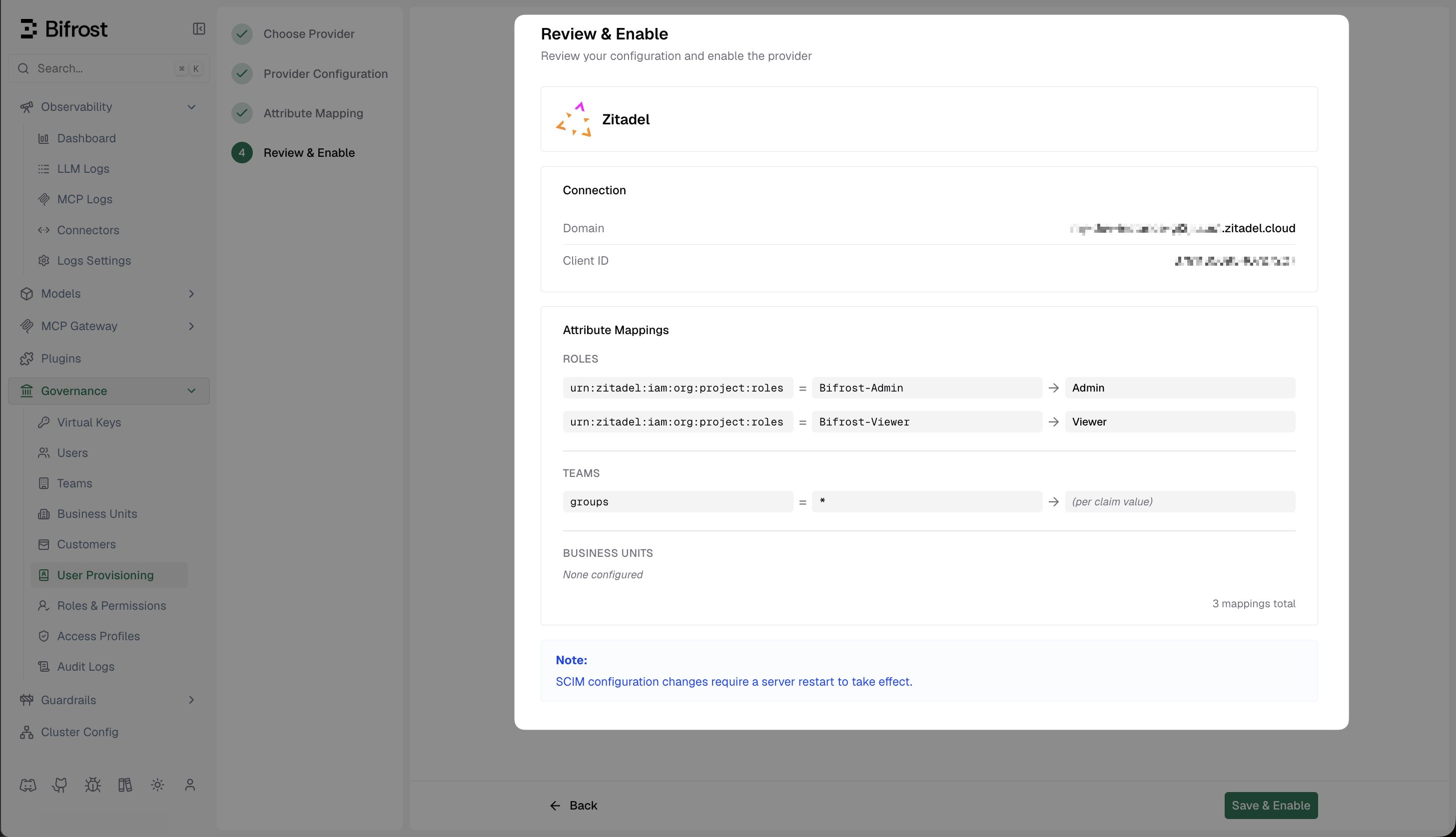 Bifrost Review and Enable screen showing Zitadel domain, Client ID, role and team attribute mappings summary