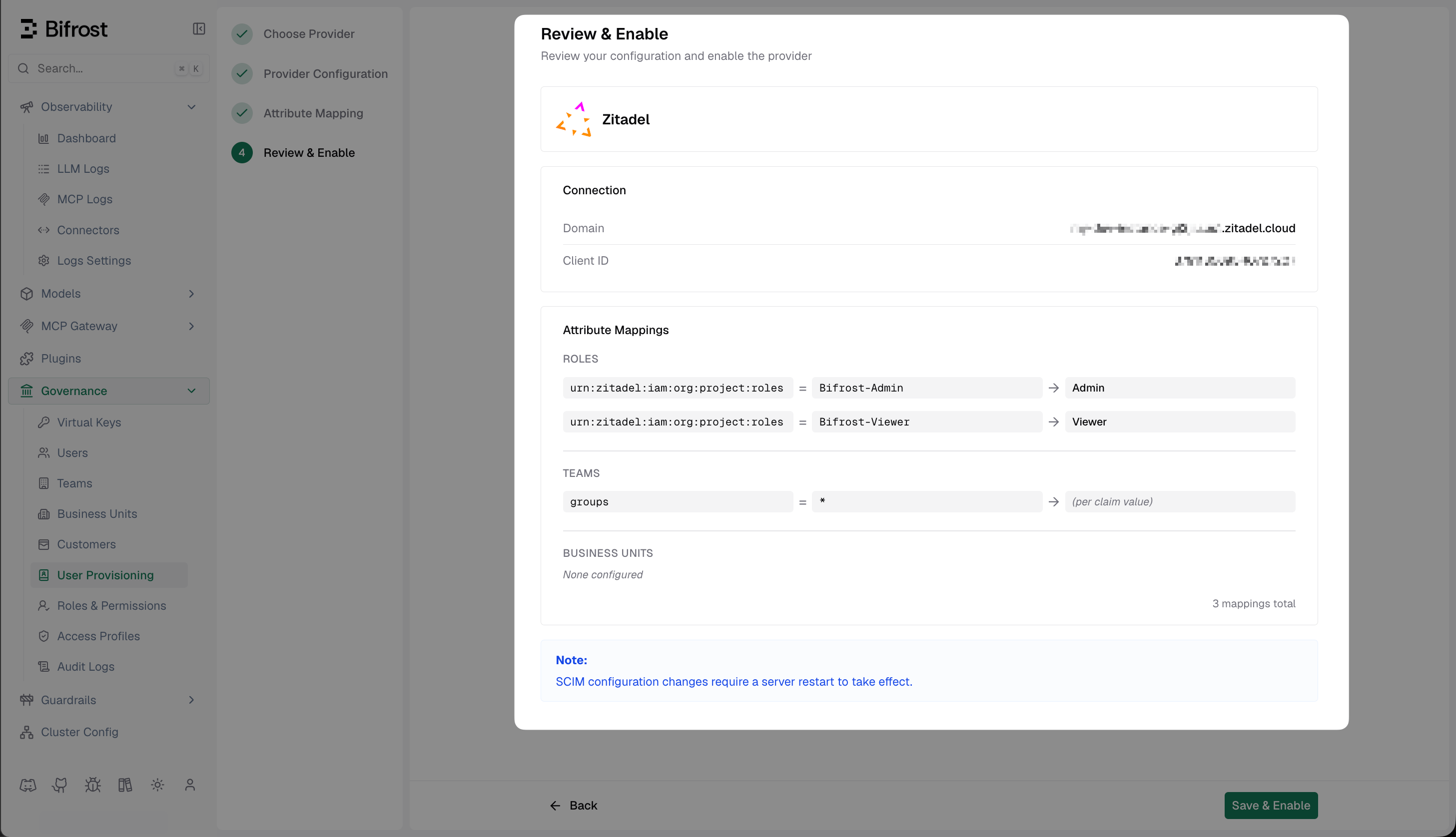 Bifrost Review and Enable screen showing Zitadel domain, Client ID, role and team attribute mappings summary