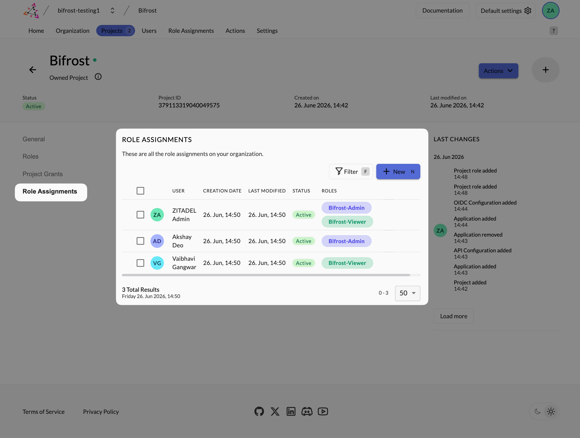 Zitadel Role Assignments screen showing users assigned to Bifrost-Admin and Bifrost-Viewer roles