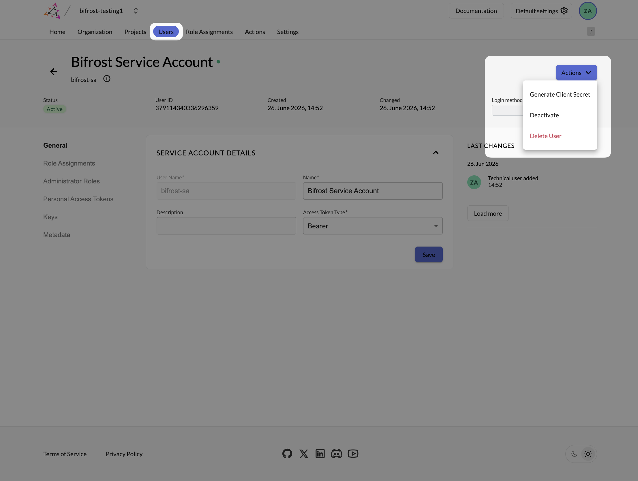 Zitadel Bifrost Service Account page with Actions menu open showing Generate Client Secret option