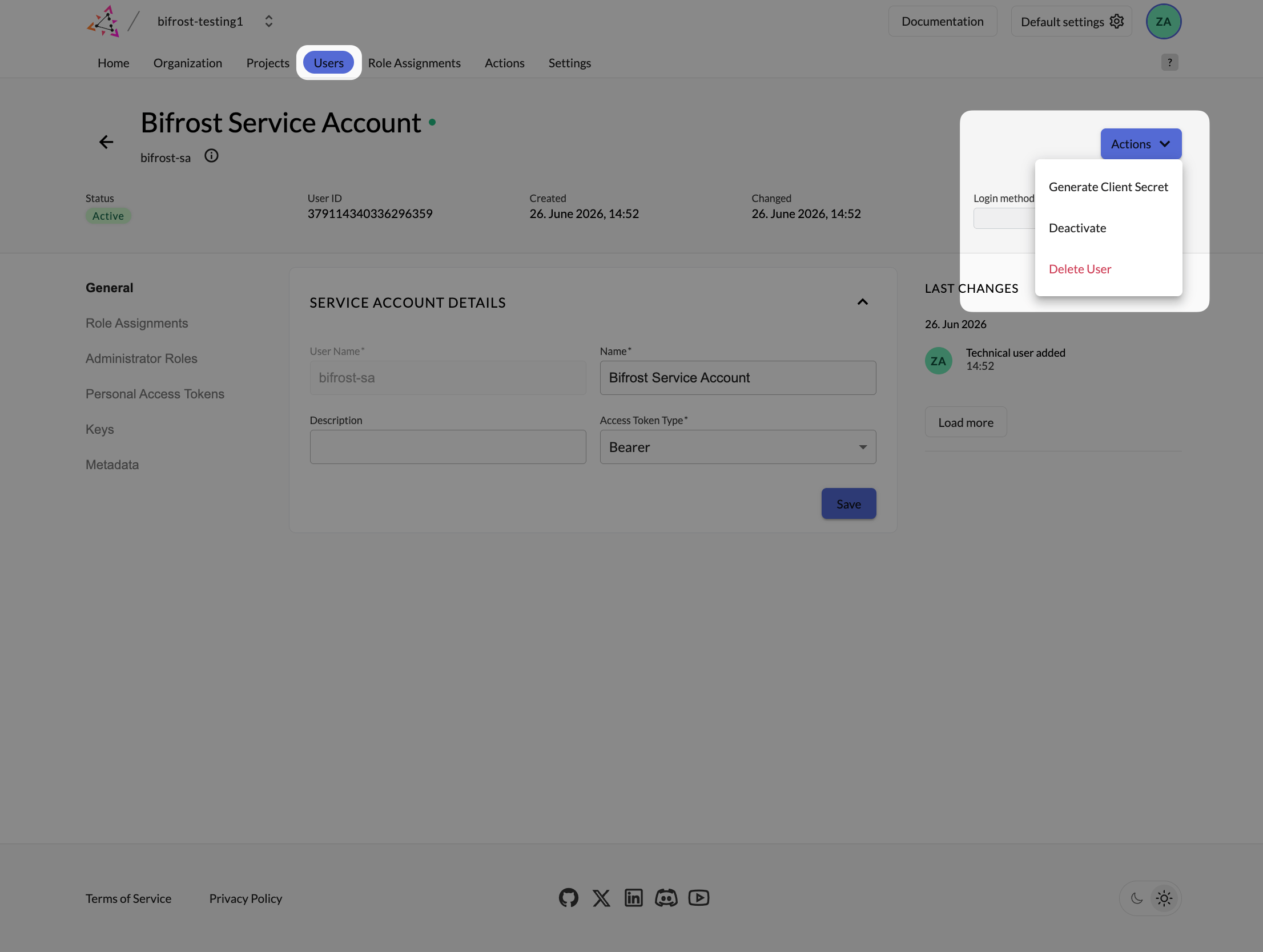 Zitadel Bifrost Service Account page with Actions menu open showing Generate Client Secret option