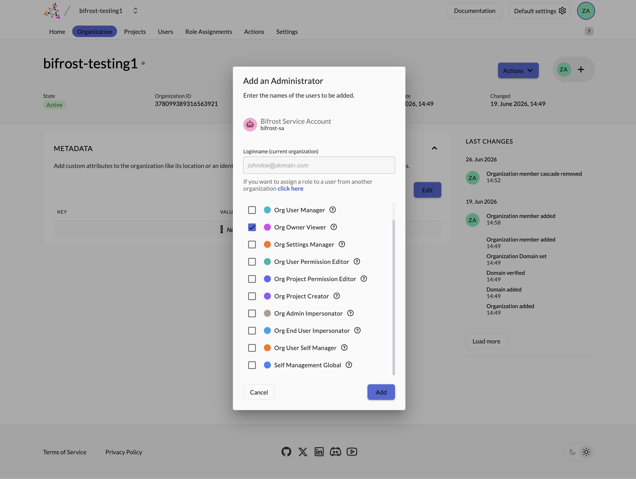 Zitadel Add an Administrator dialog showing Bifrost Service Account being added with org manager role