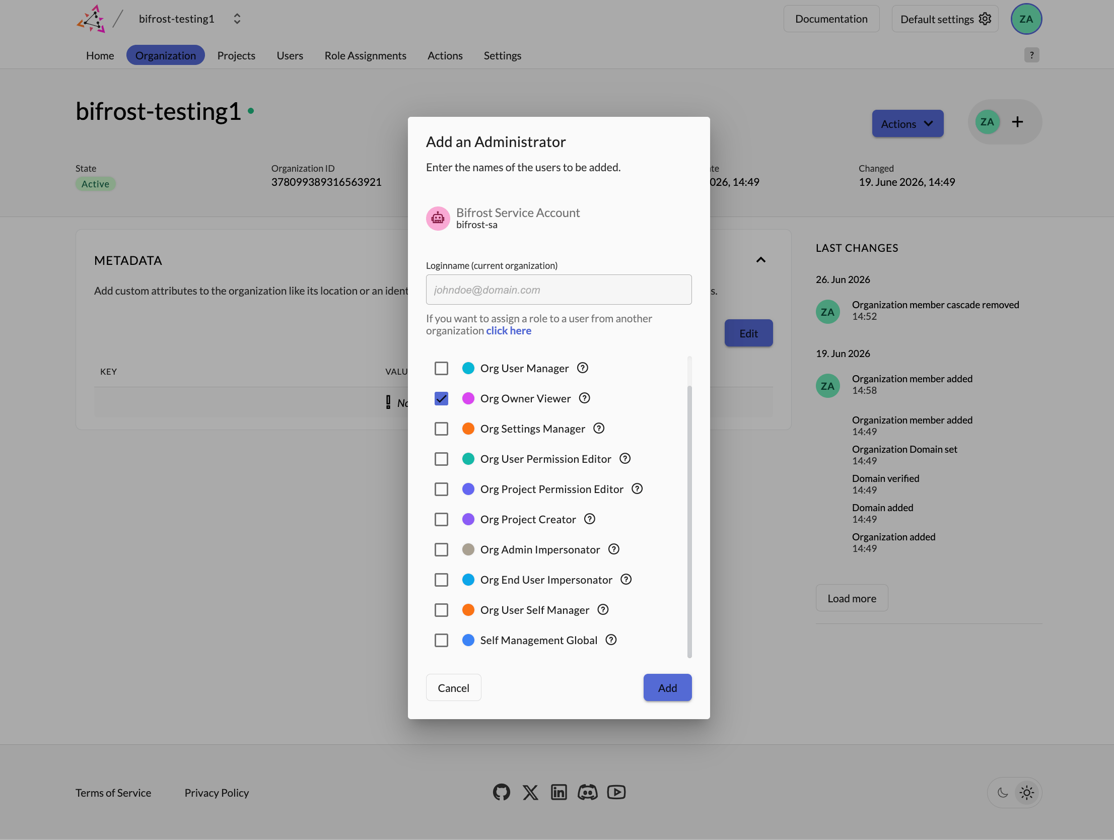 Zitadel Add an Administrator dialog showing Bifrost Service Account being added with org manager role