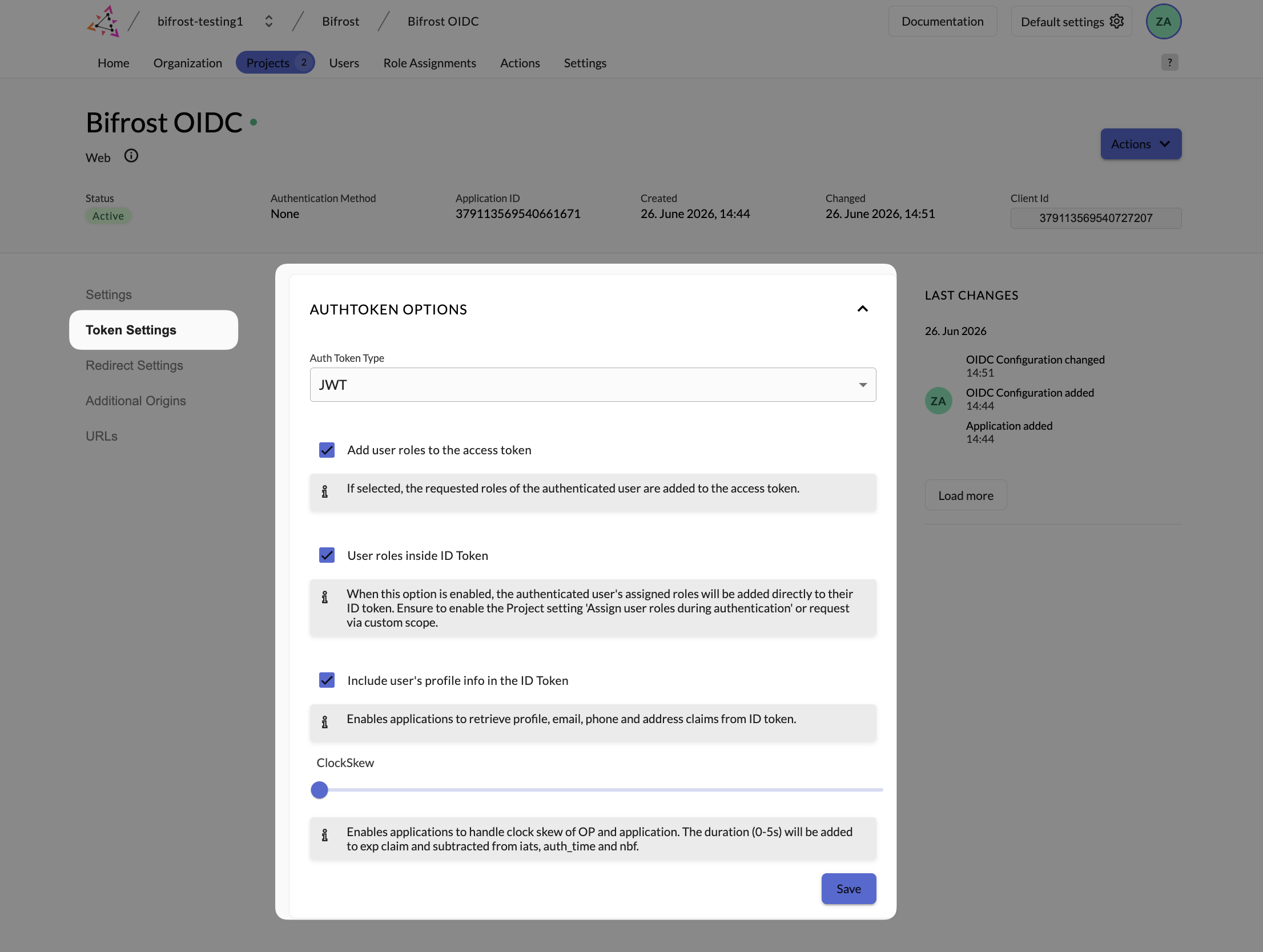 Zitadel application token settings showing JWT type selected and Add user roles to access token enabled