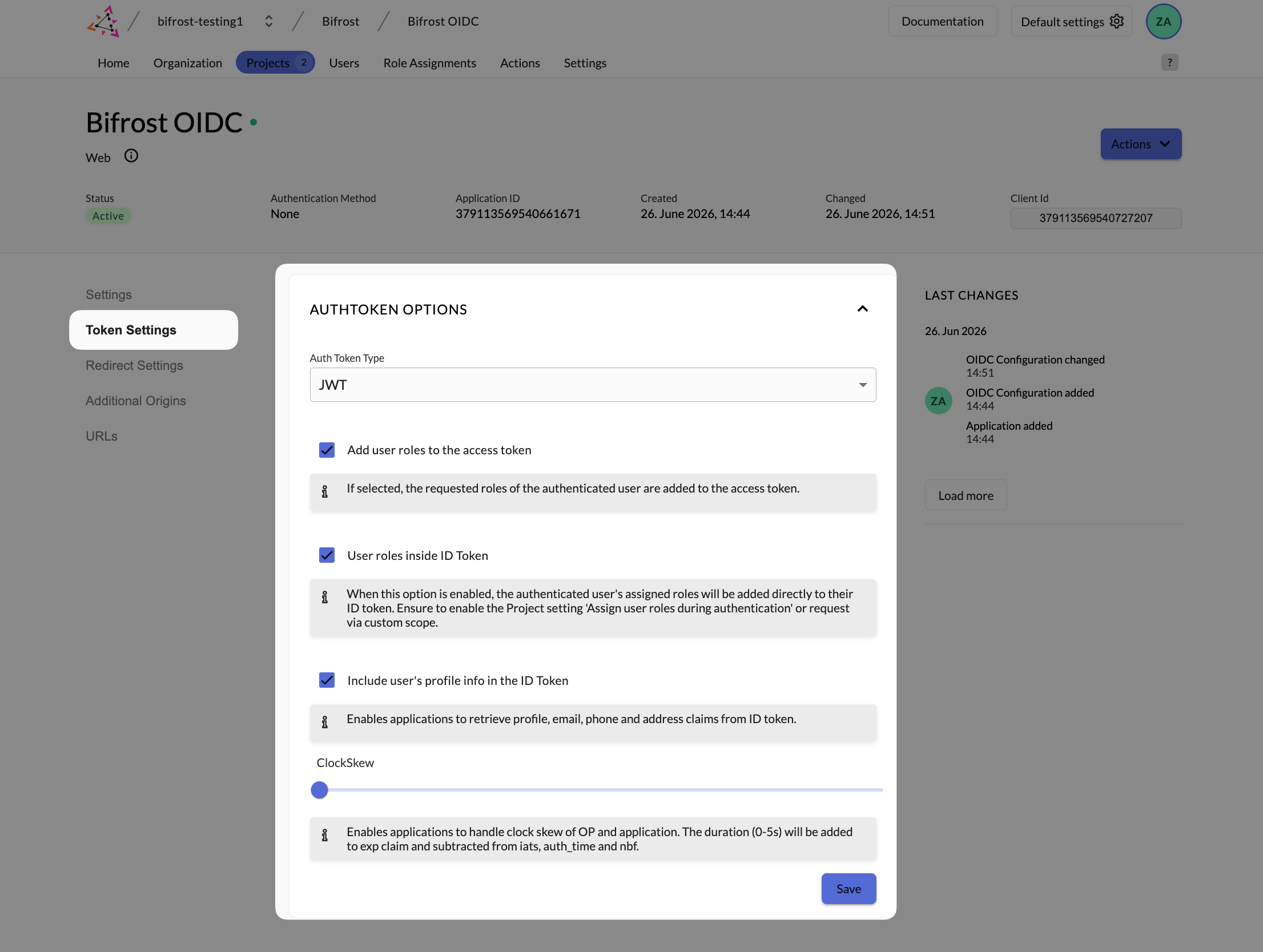 Zitadel application token settings showing JWT type selected and Add user roles to access token enabled