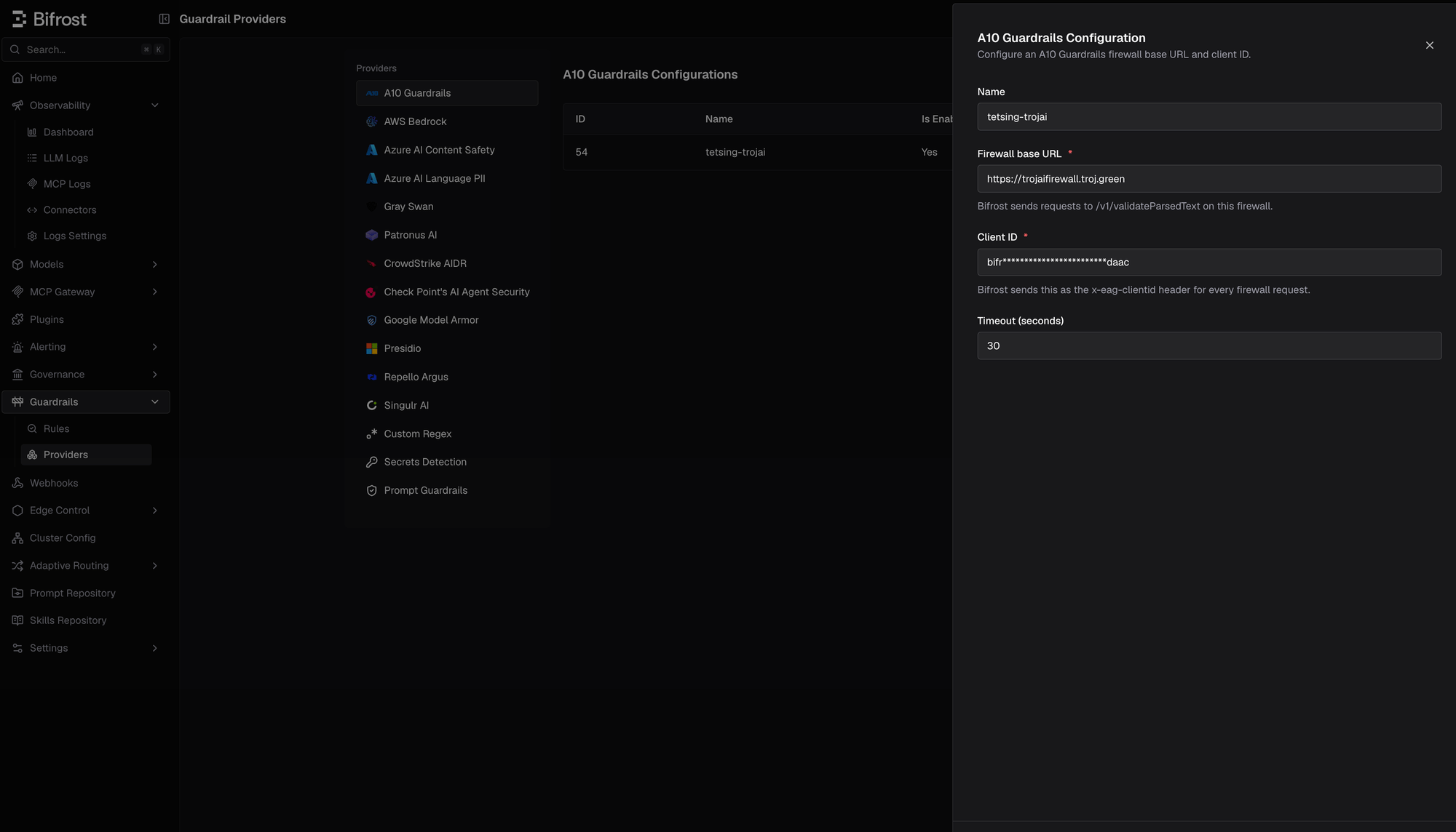 A10 Guardrails configuration in the Bifrost Guardrails Providers screen