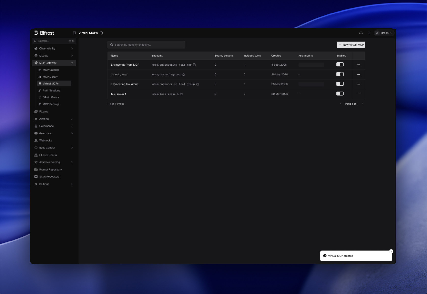 Virtual MCPs list page with create button