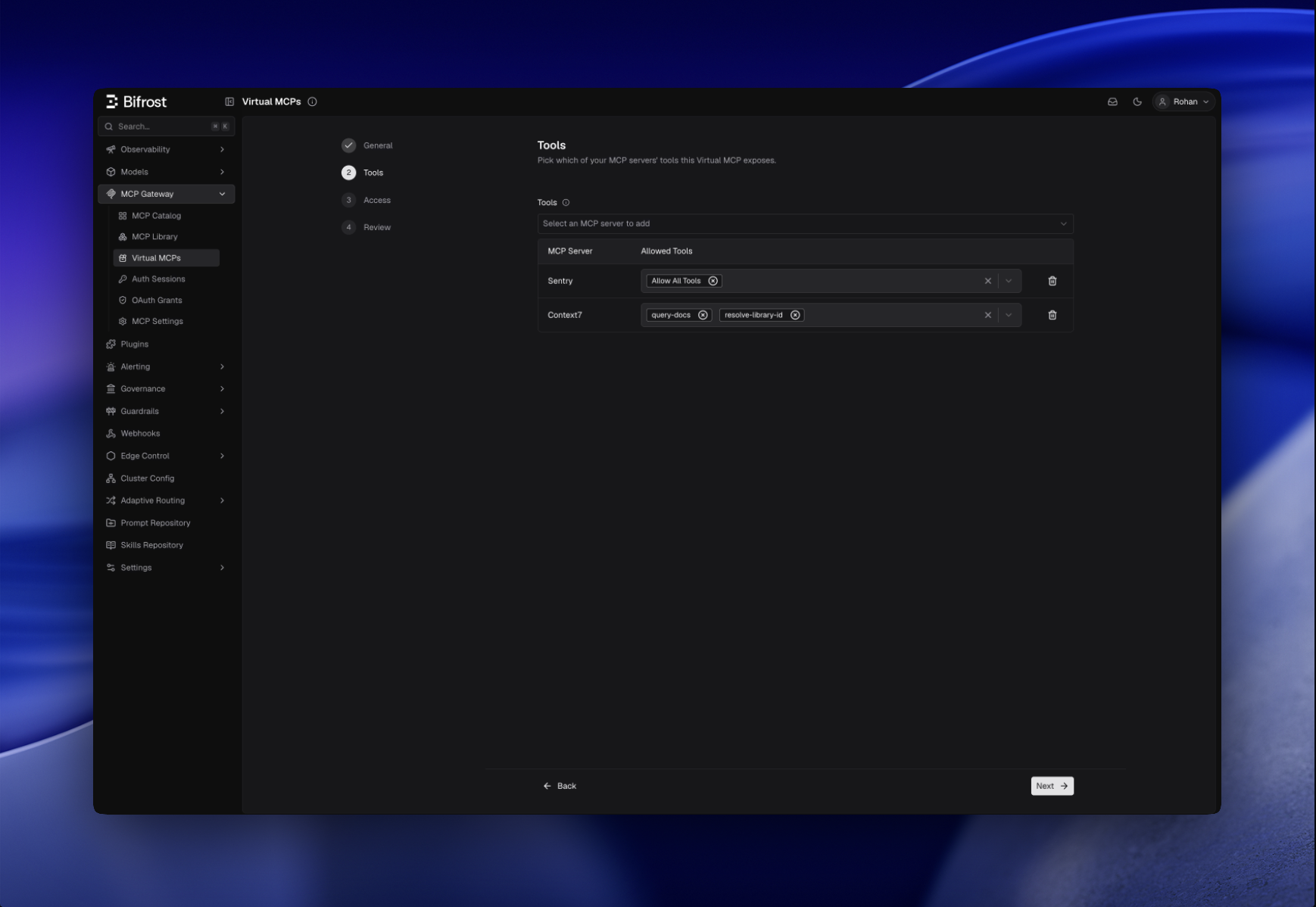 Virtual MCP wizard Tools step selecting servers and tools