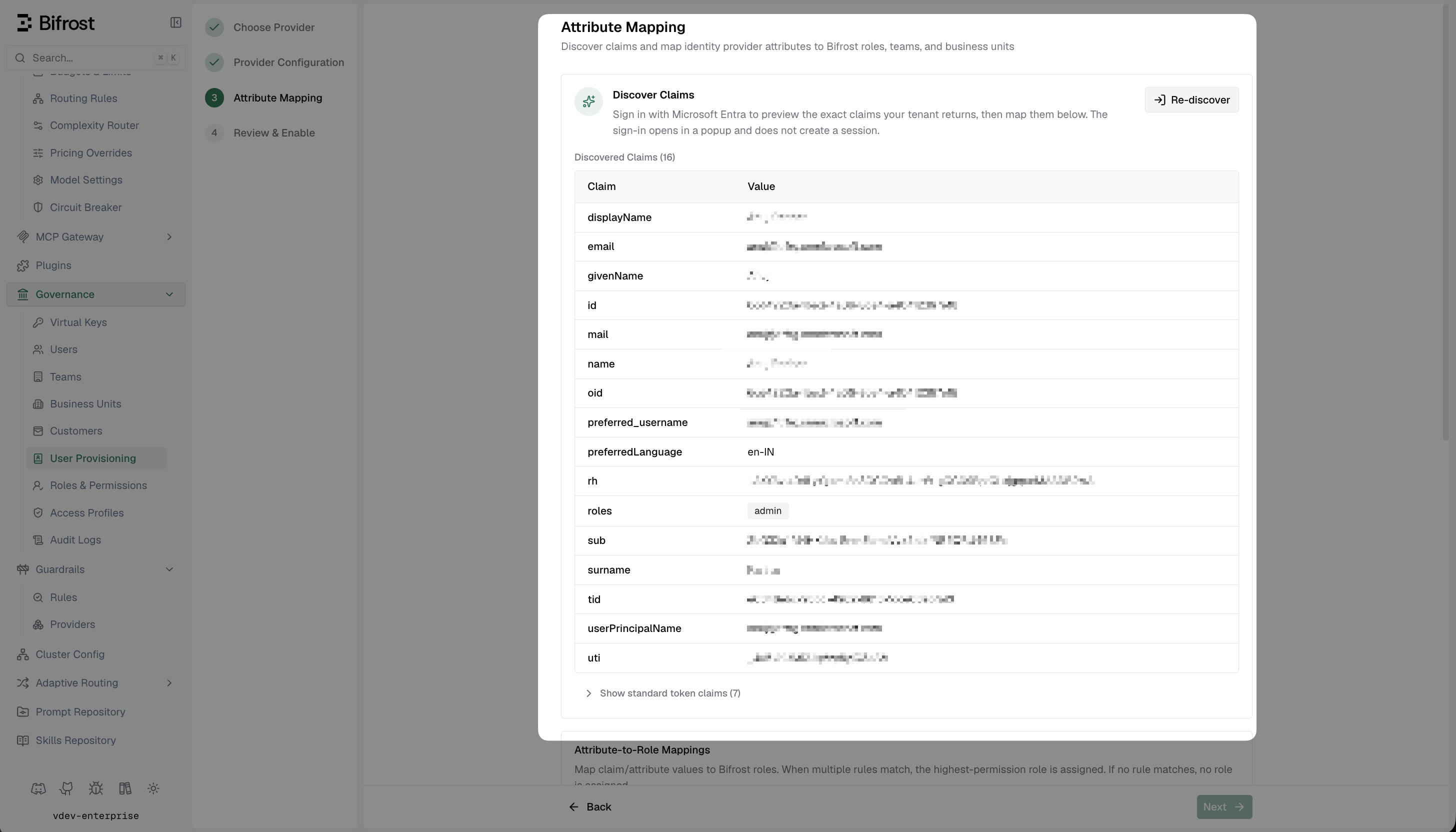 Bifrost Discover Claims screen listing all claims returned by Entra including roles, groups, email, and custom attributes