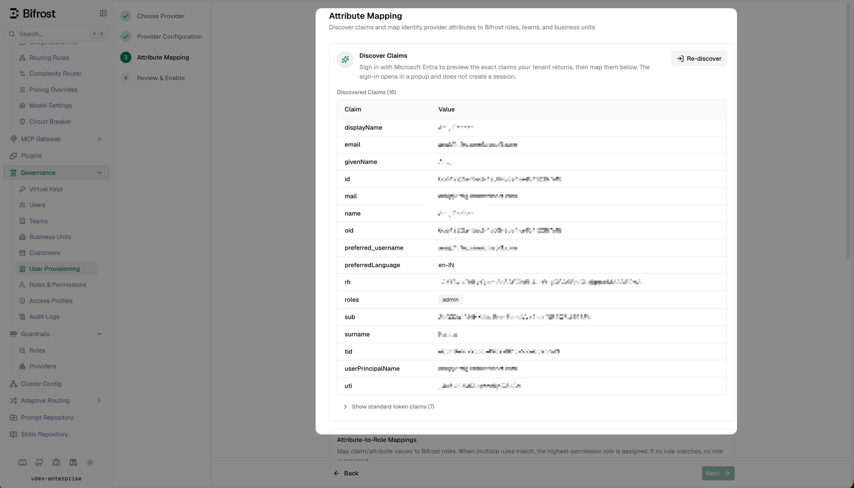 Bifrost Discover Claims screen listing all claims returned by Entra including roles, groups, email, and custom attributes