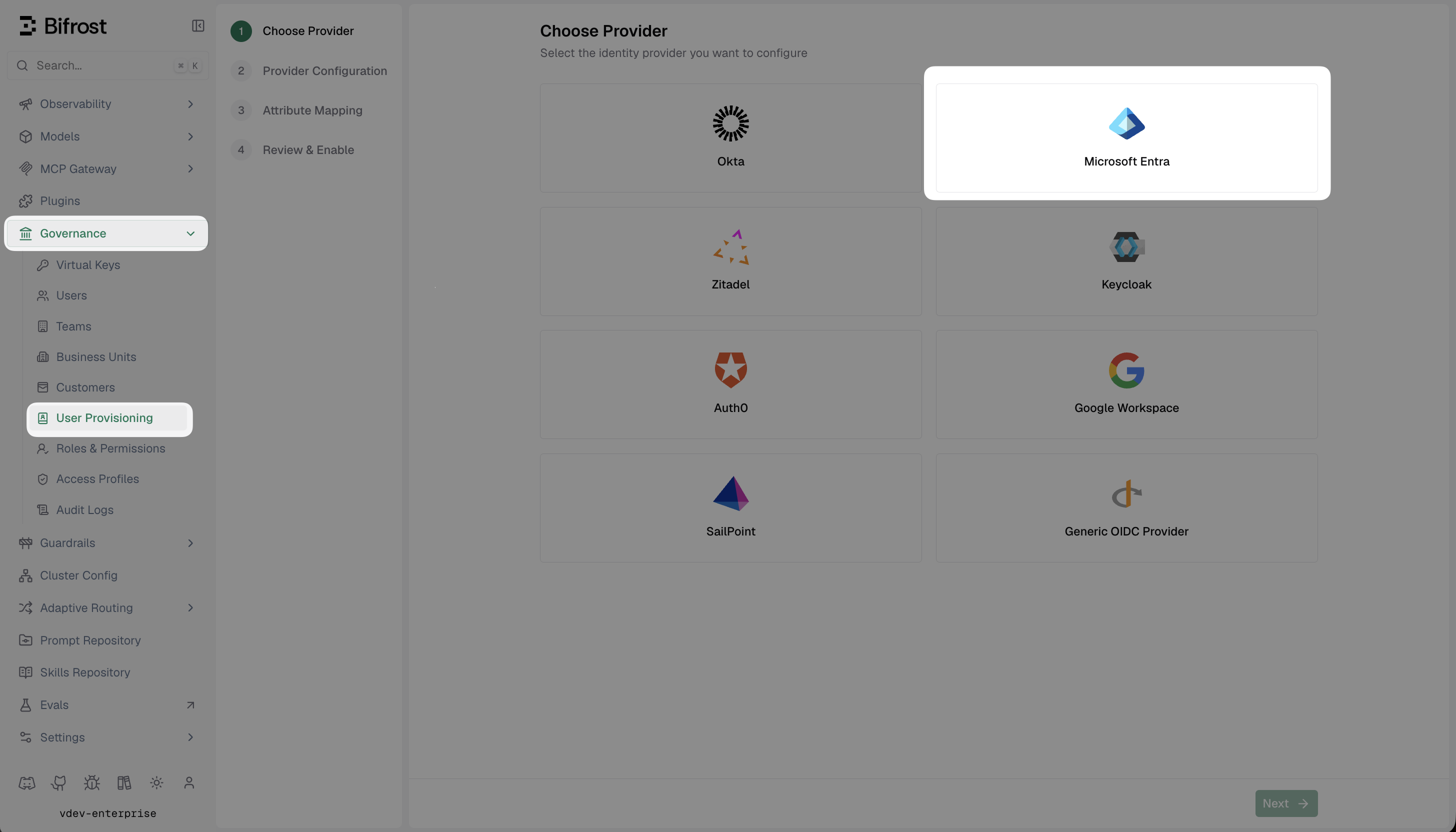 Bifrost Choose Provider screen with Microsoft Entra highlighted