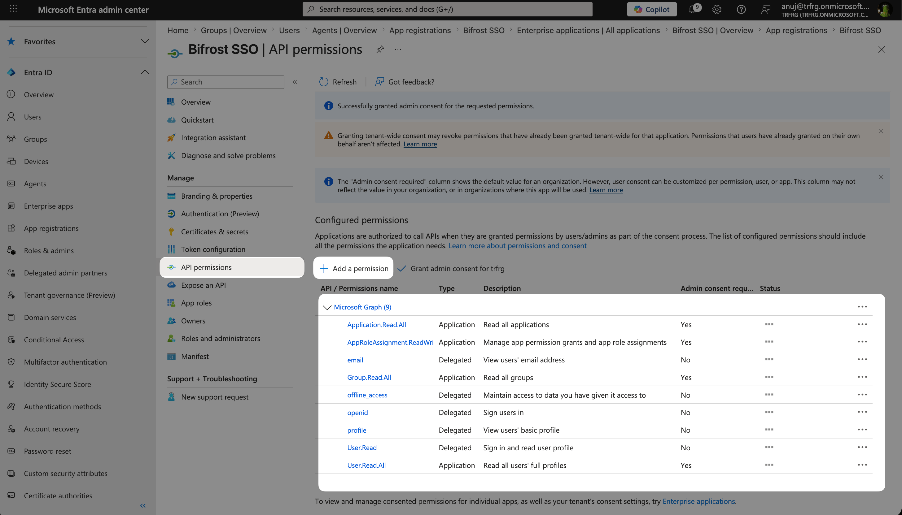 Entra API permissions page showing all configured Delegated and Application permissions for Microsoft Graph