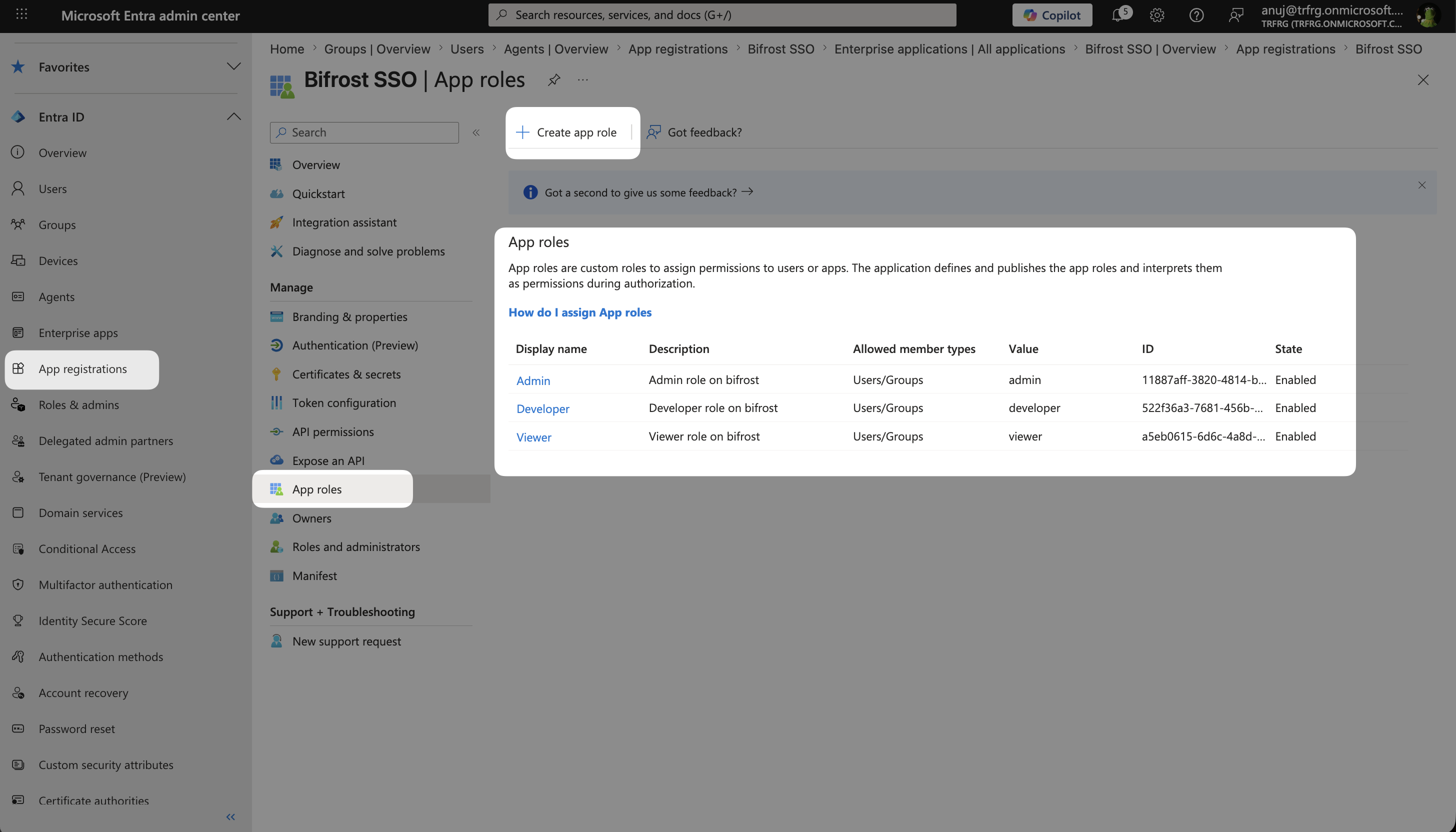 Entra App Roles list showing Admin, Developer, and Viewer roles configured for the Bifrost Enterprise application