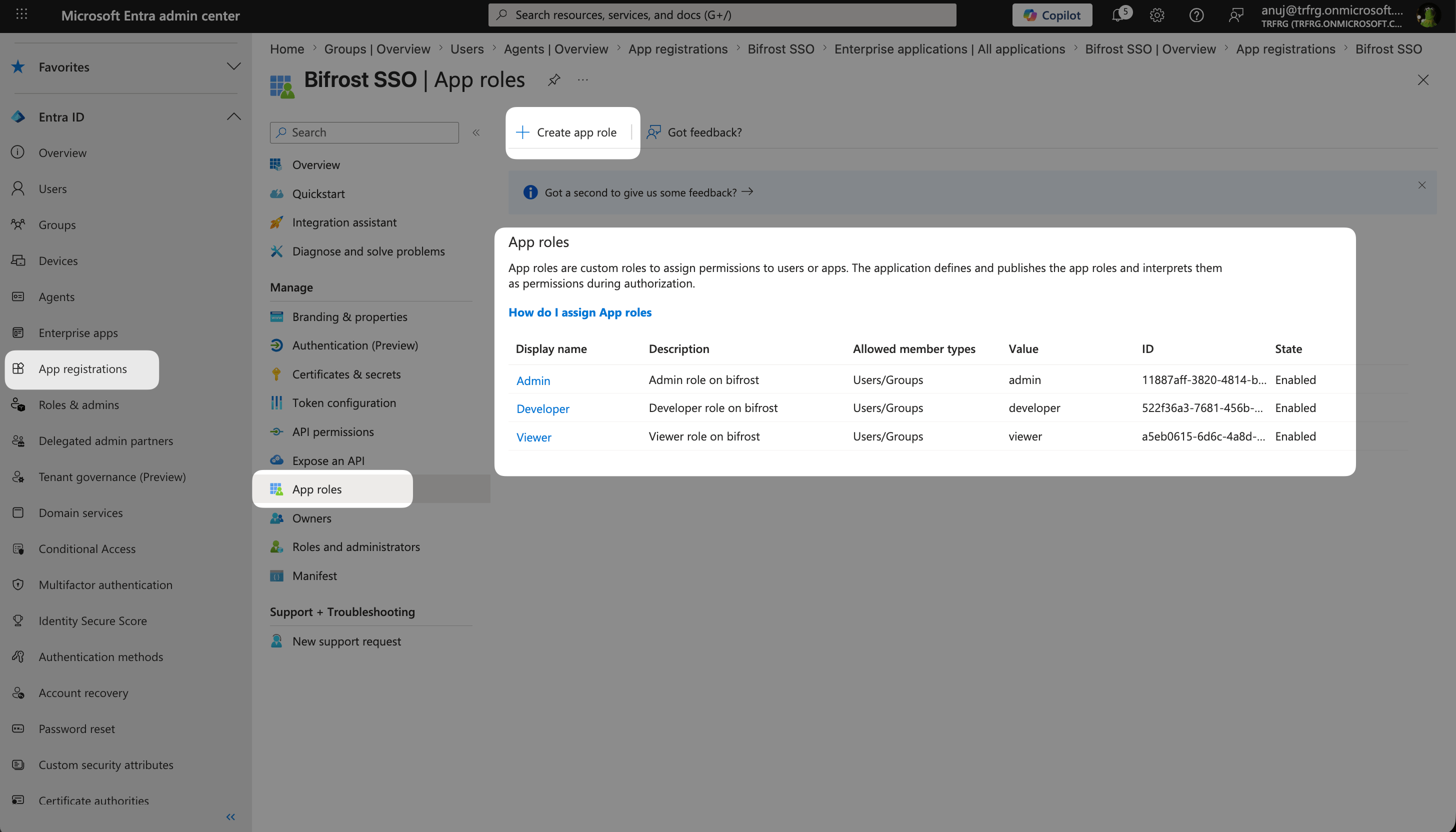 Entra App Roles list showing Admin, Developer, and Viewer roles configured for the Bifrost Enterprise application