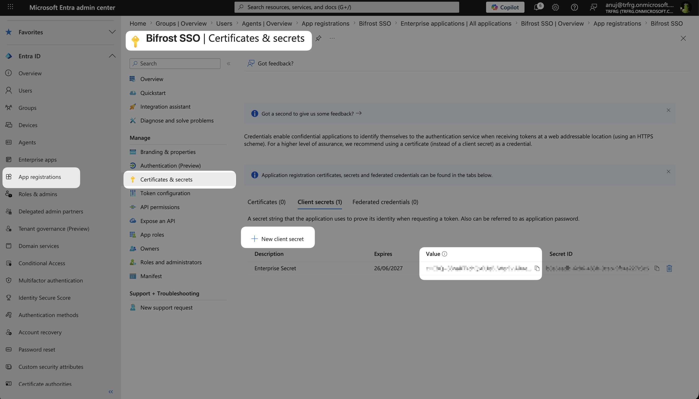 Entra Certificates and secrets page showing the client secret value