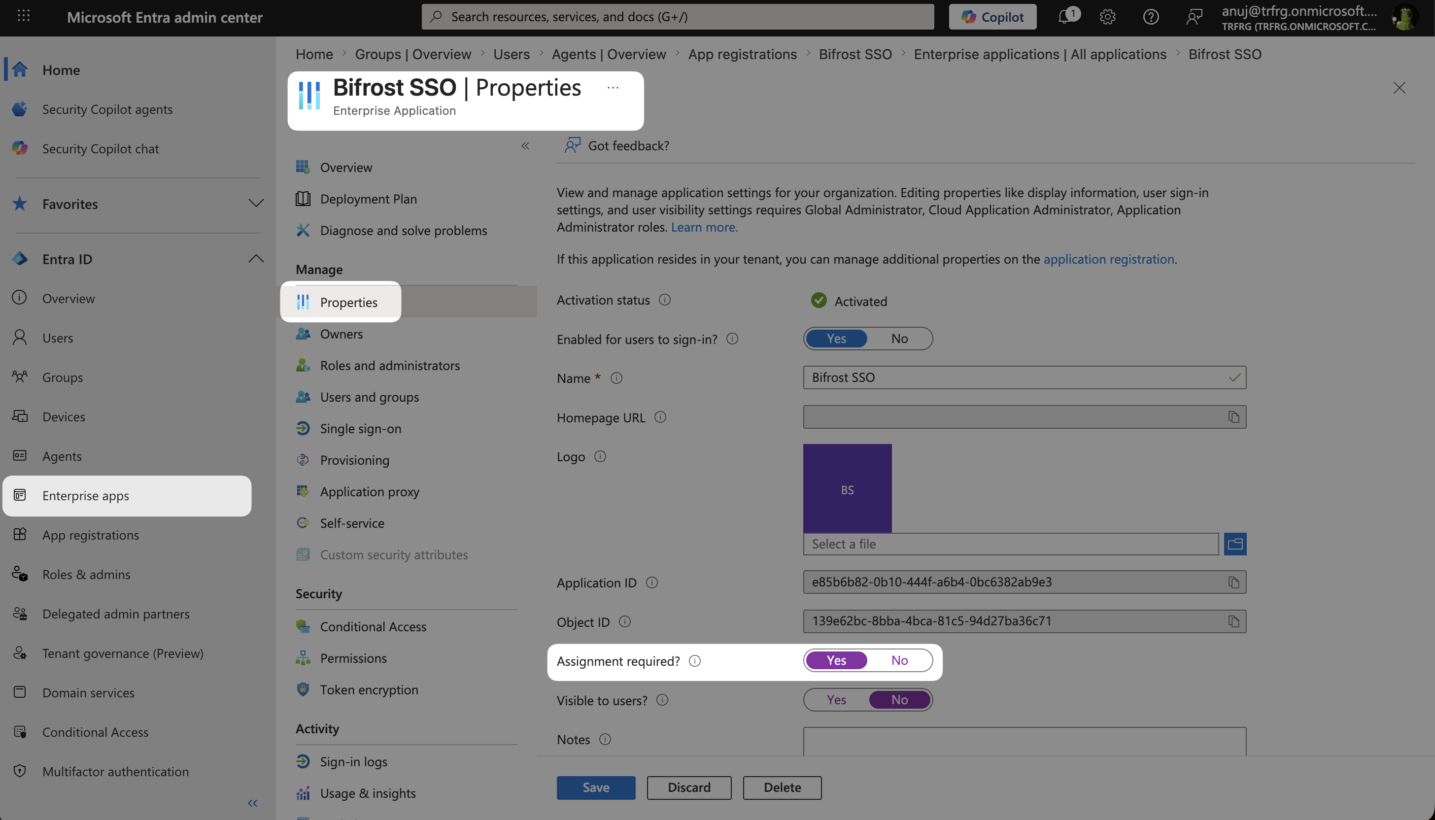 Enterprise Application Properties showing Assignment required and Enabled for users to sign-in toggles