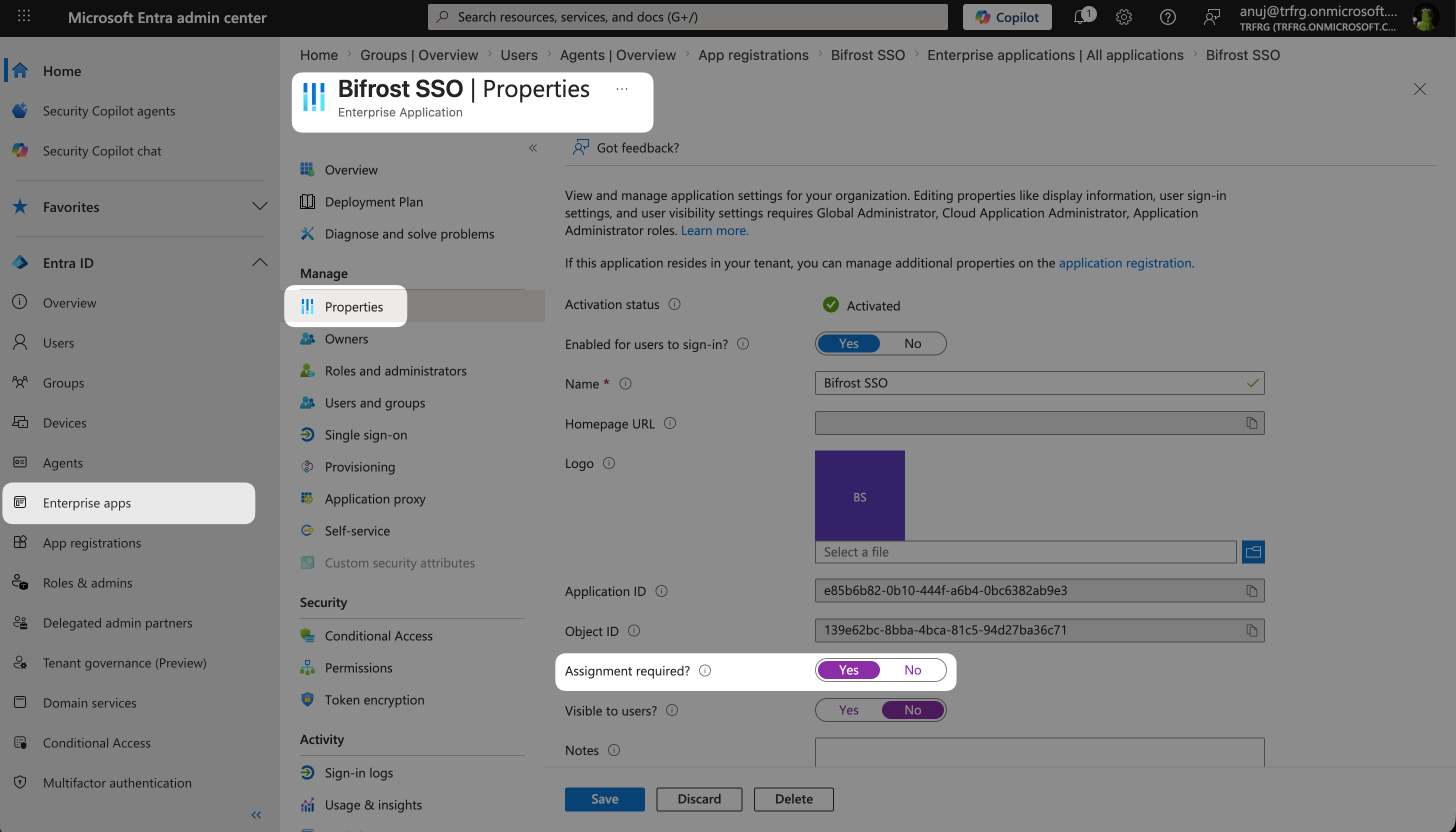 Enterprise Application Properties showing Assignment required and Enabled for users to sign-in toggles