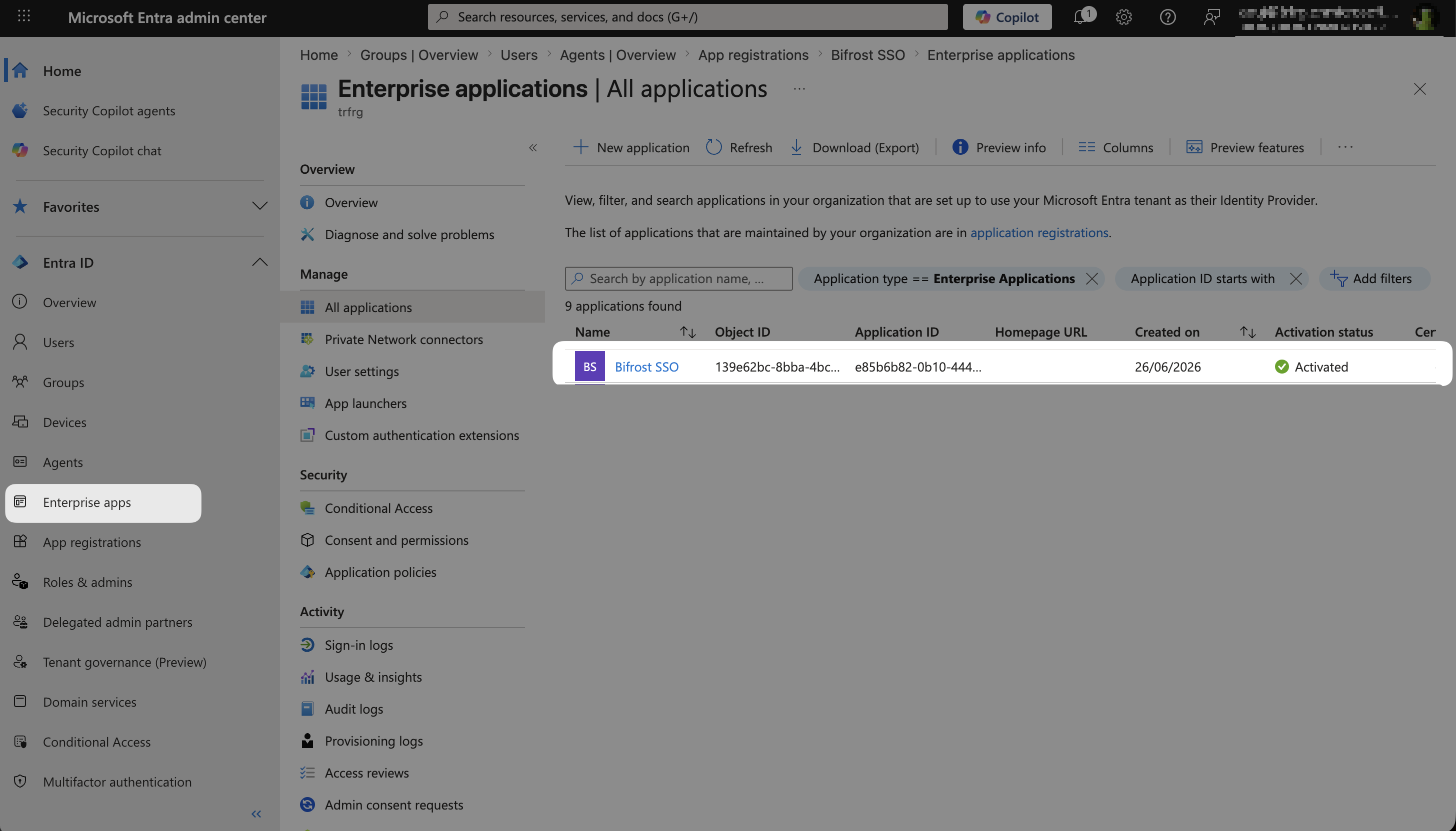 Enterprise Applications list in Microsoft Entra showing the Bifrost SSO entry