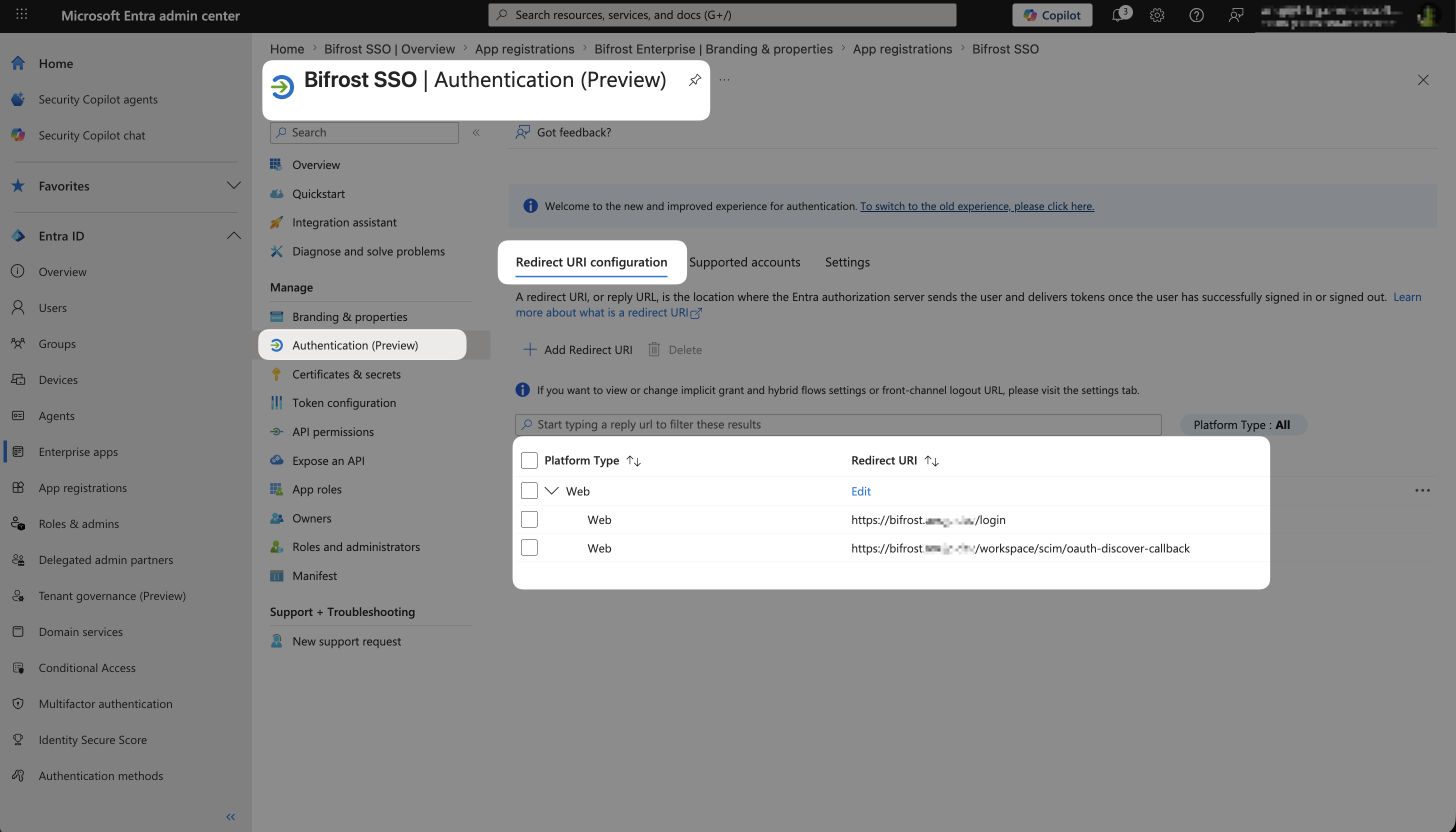 Authentication blade showing the two Bifrost redirect URIs configured