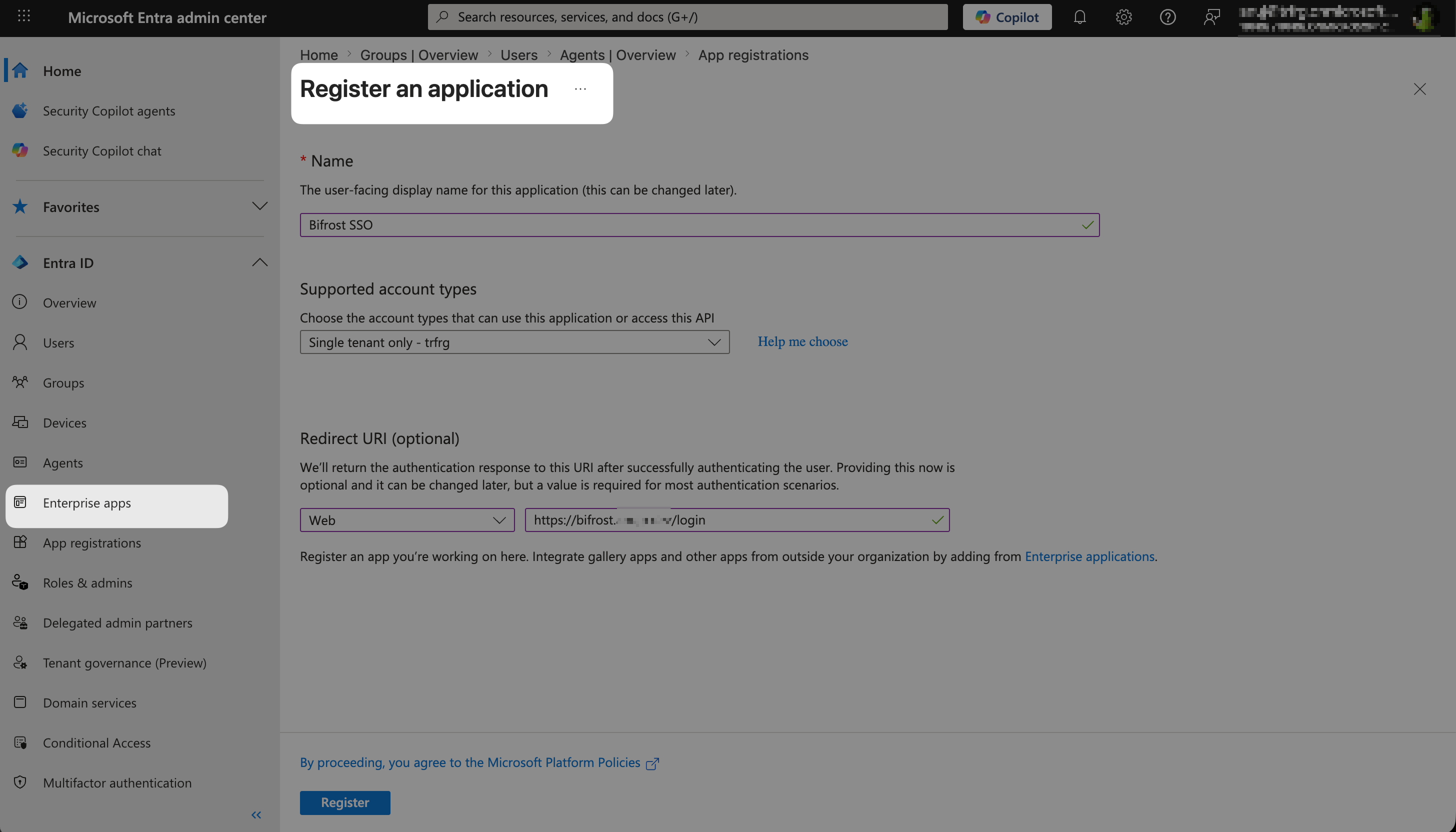Register an Application dialog in Microsoft Entra showing name, account type, and redirect URI fields