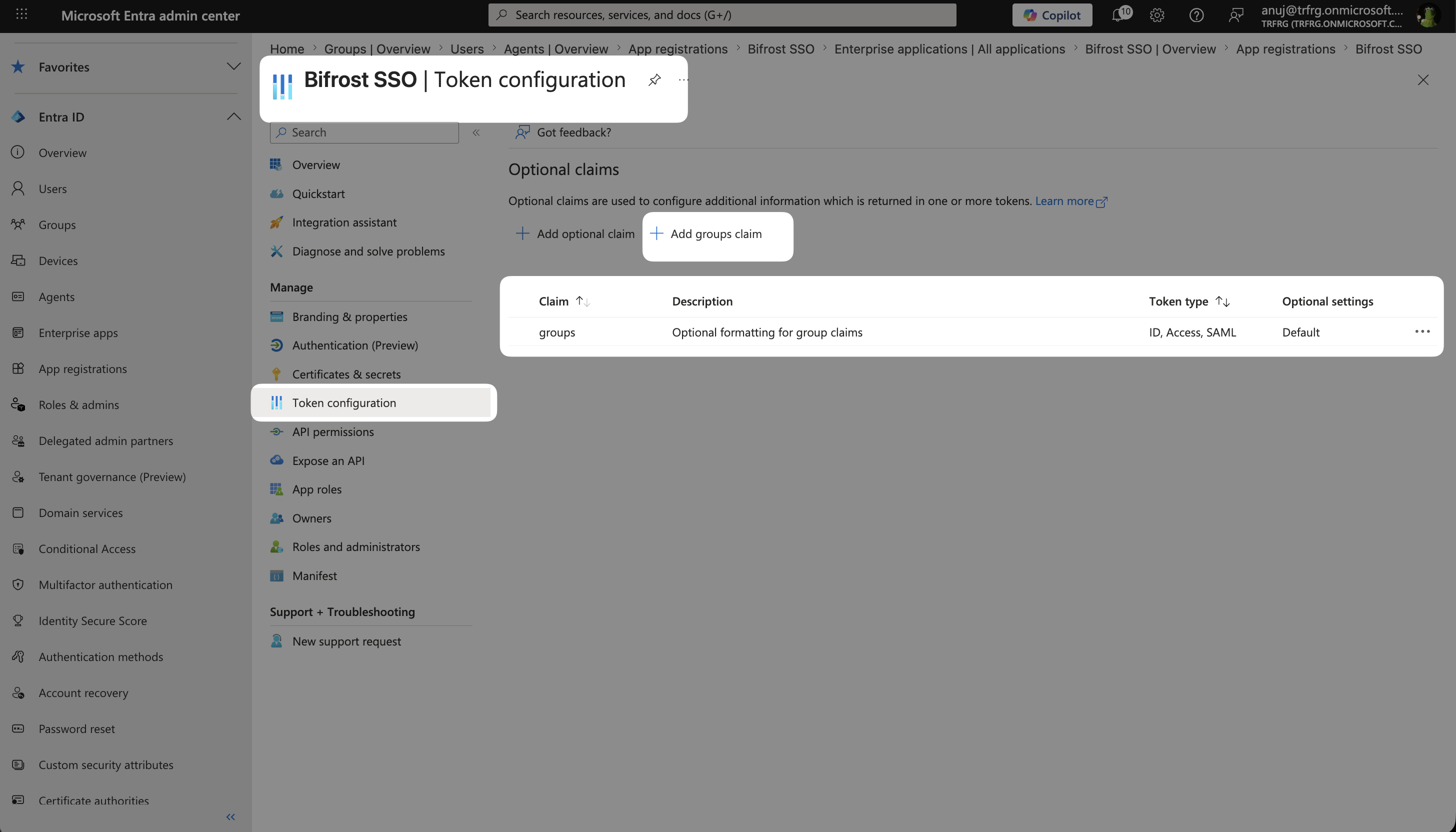 Token configuration page showing the groups claim configured for ID, Access, and SAML tokens