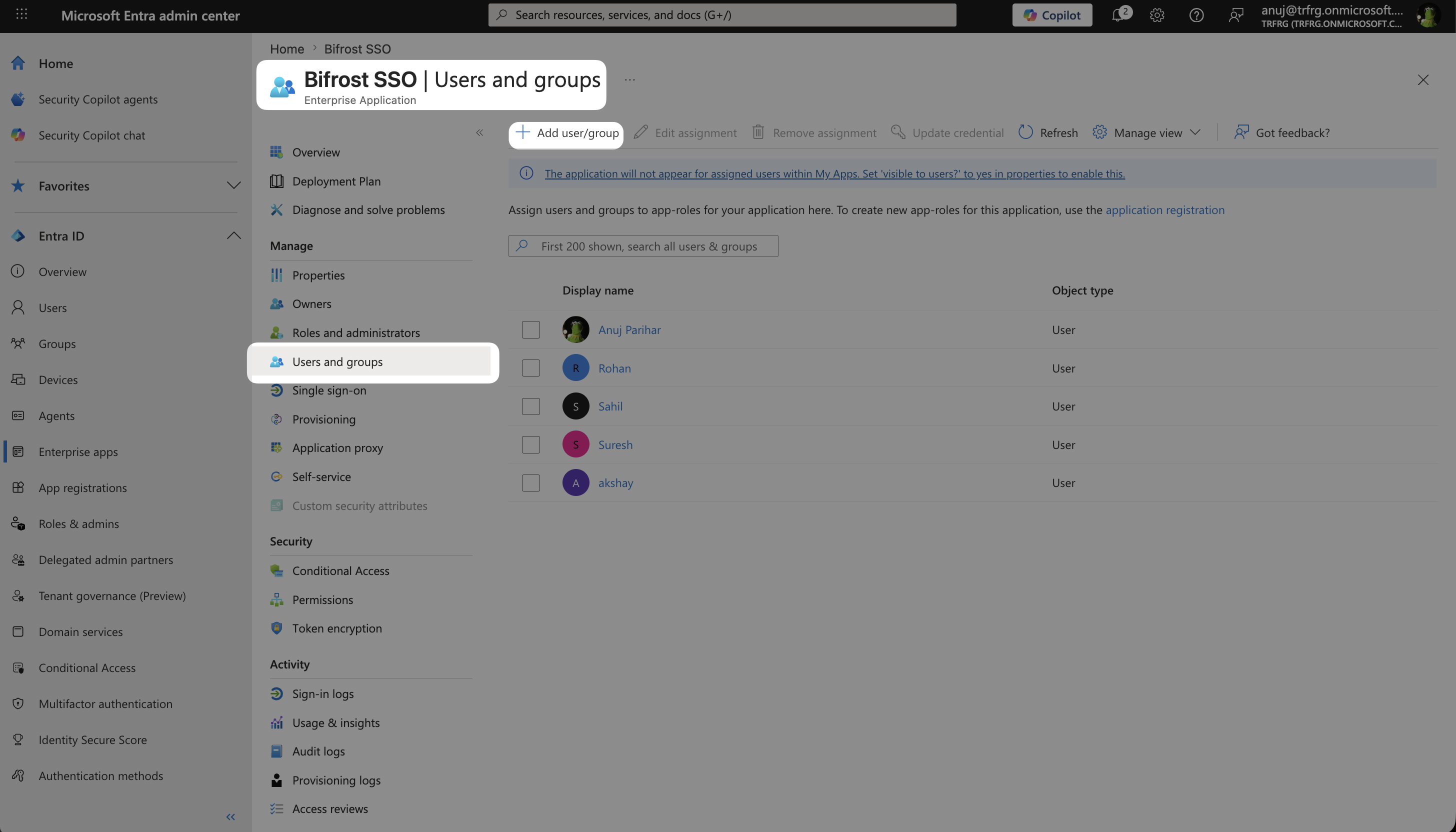 Enterprise Application Users and groups page showing assigned users with their roles