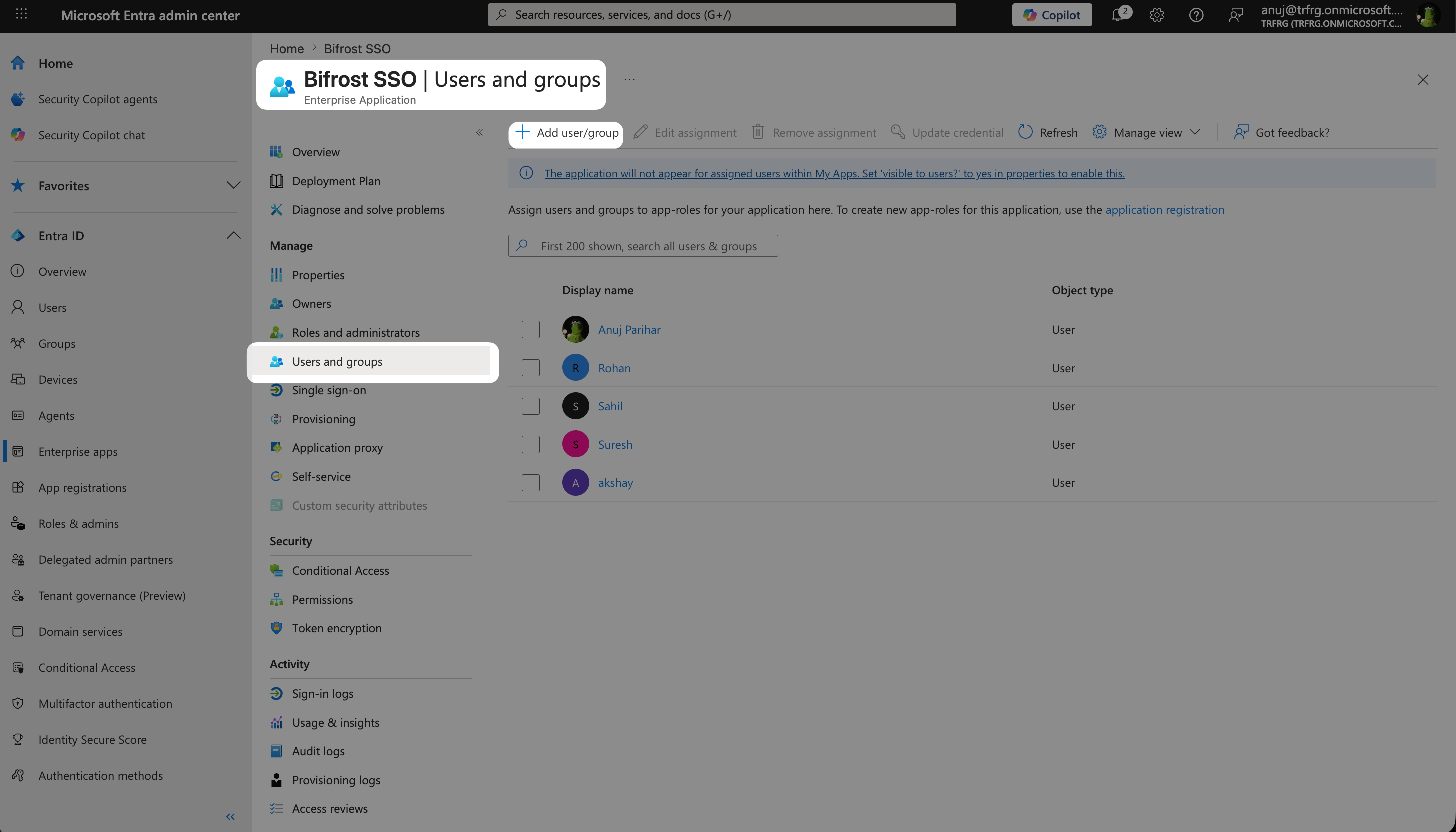 Enterprise Application Users and groups page showing assigned users with their roles