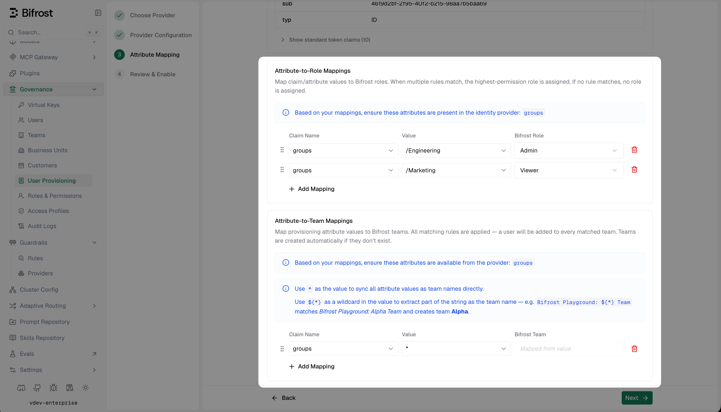 Bifrost Attribute Mapping screen showing role and team mapping rules configured for the generic OIDC provider