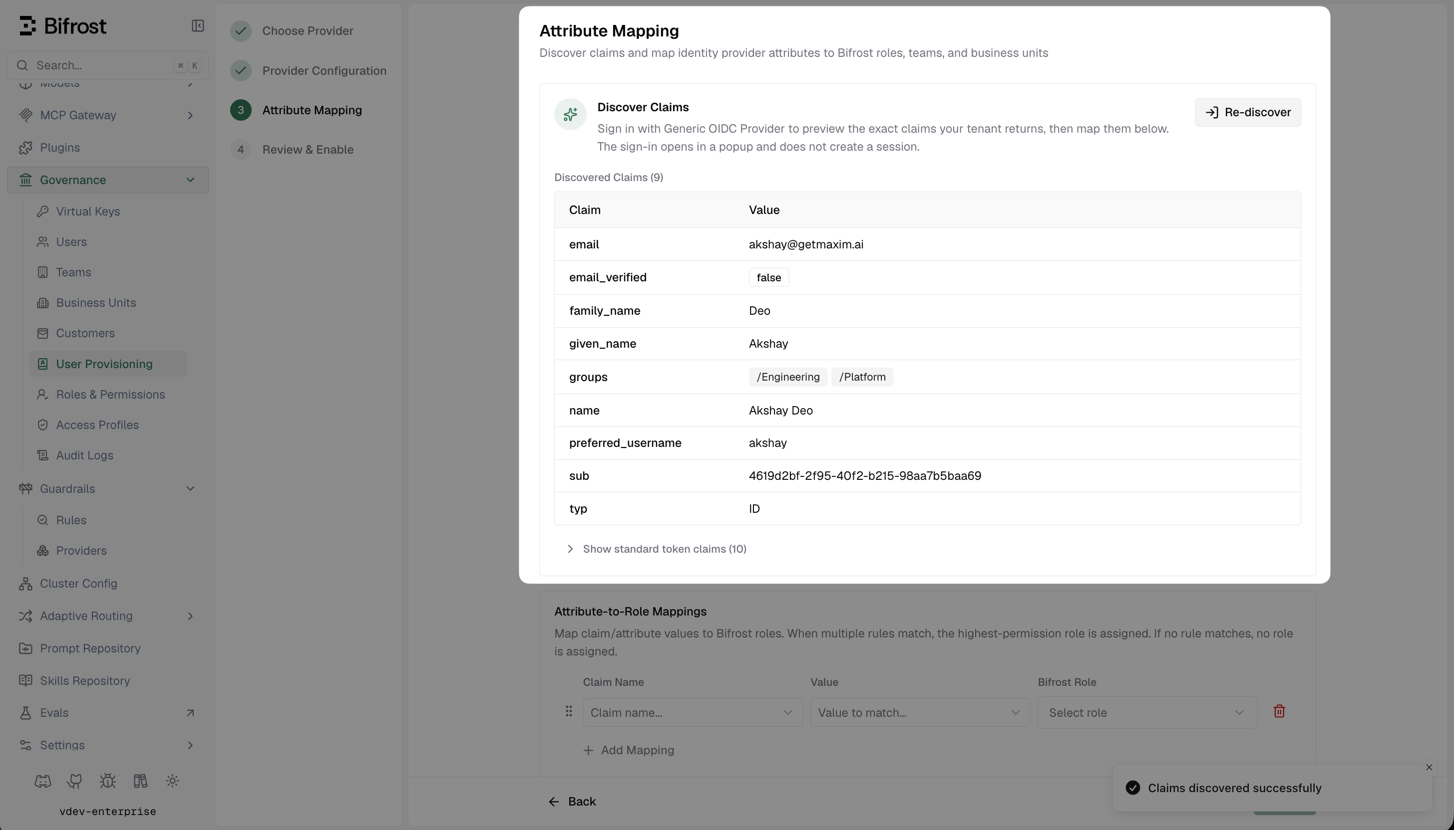 Bifrost Discover Claims screen listing all claims returned by the generic OIDC provider