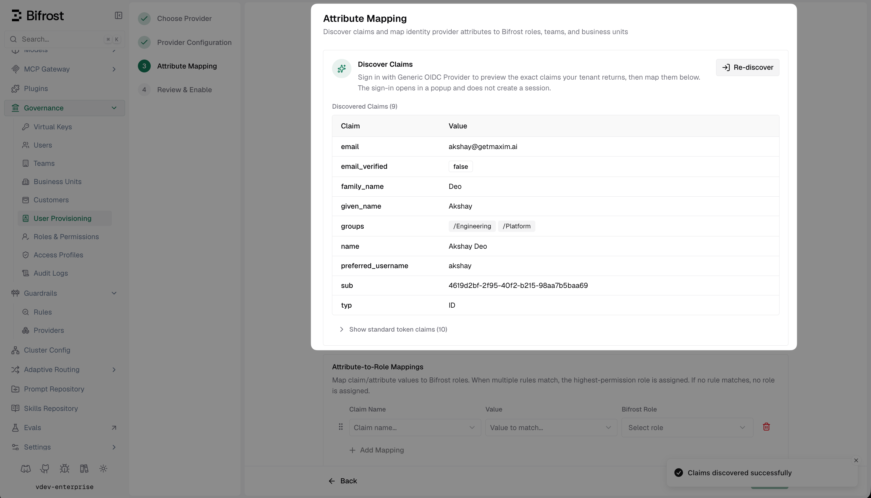 Bifrost Discover Claims screen listing all claims returned by the generic OIDC provider