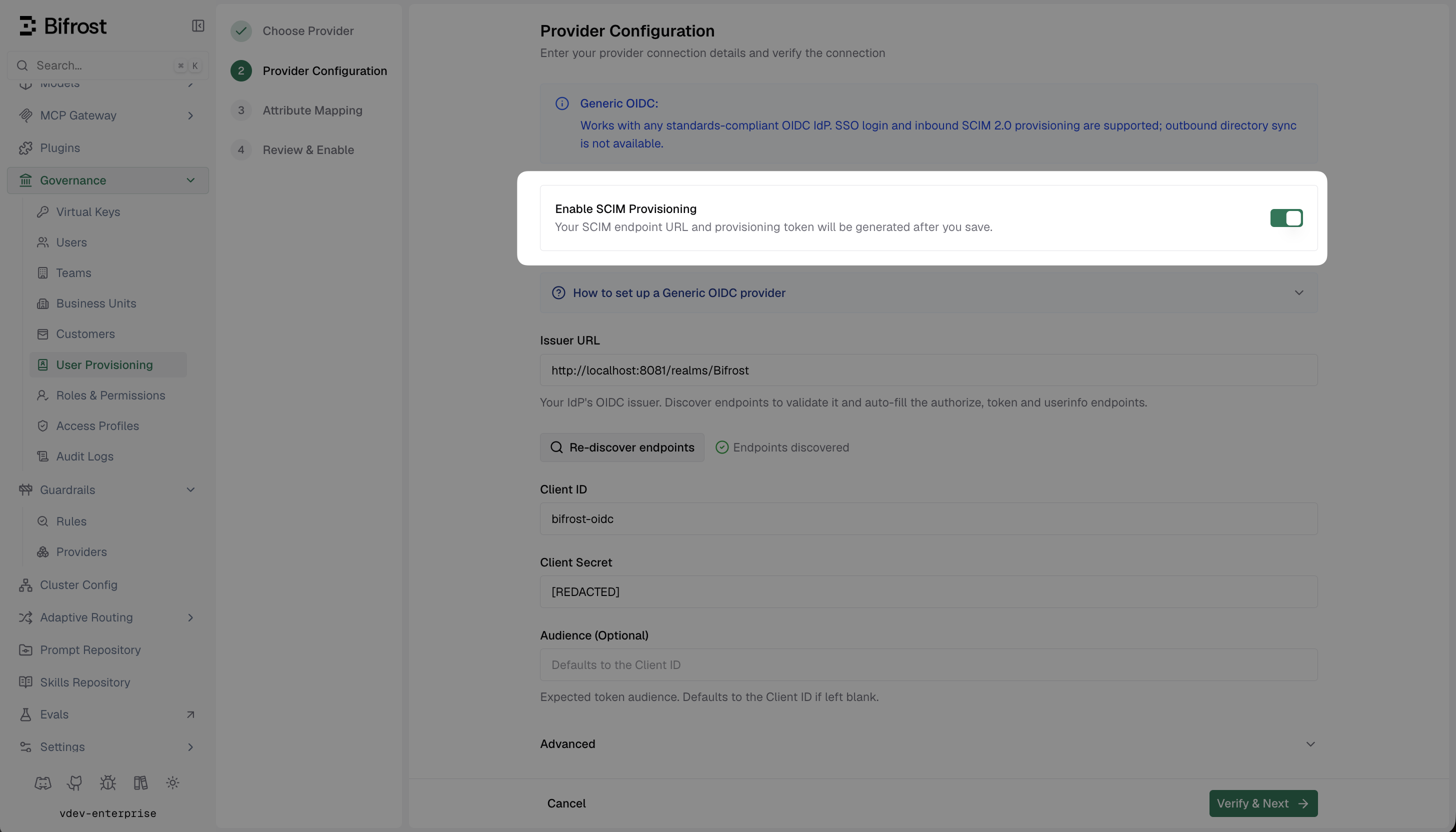 Bifrost Provider Configuration with Enable SCIM Provisioning toggle turned on