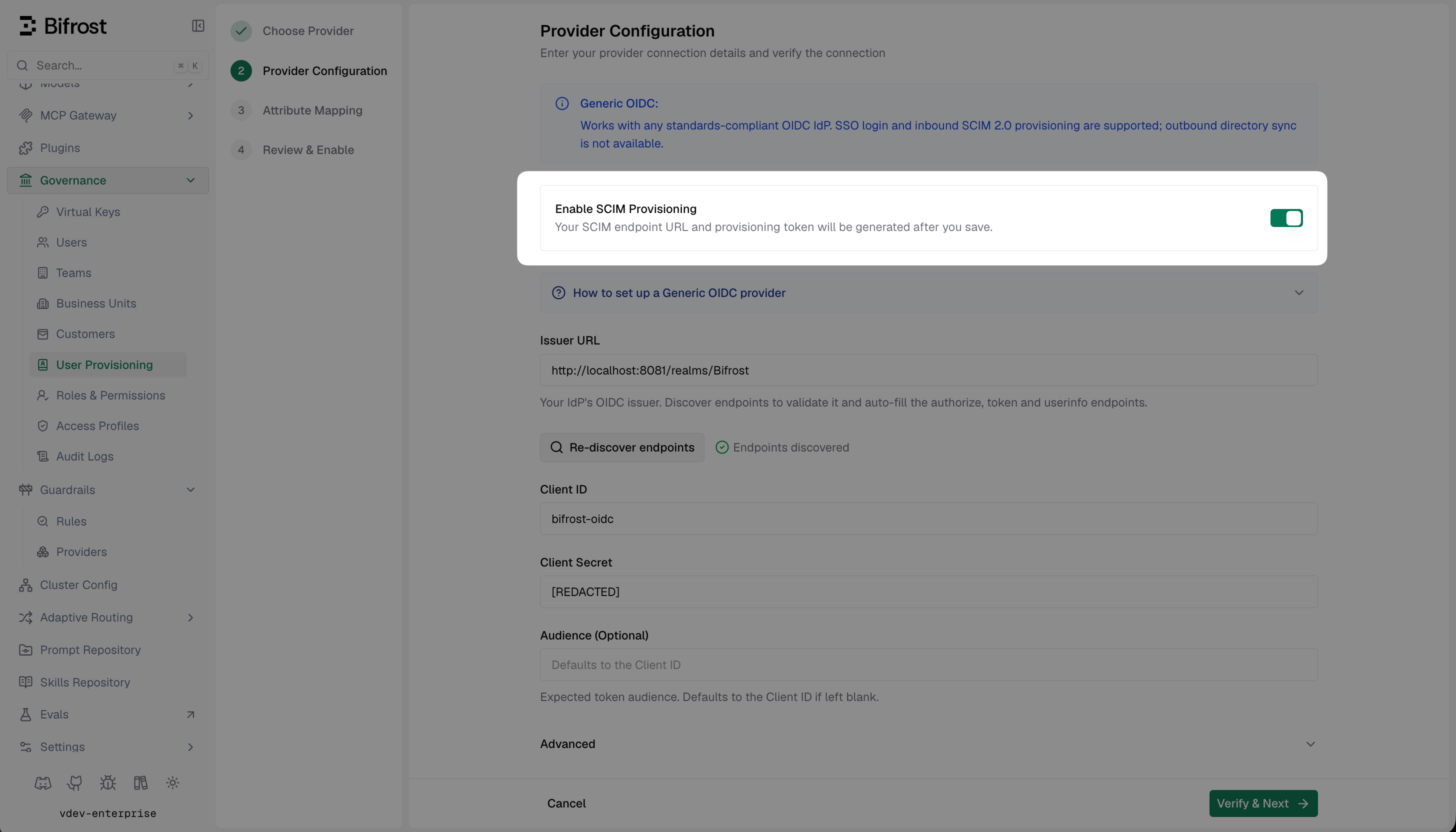 Bifrost Provider Configuration with Enable SCIM Provisioning toggle turned on