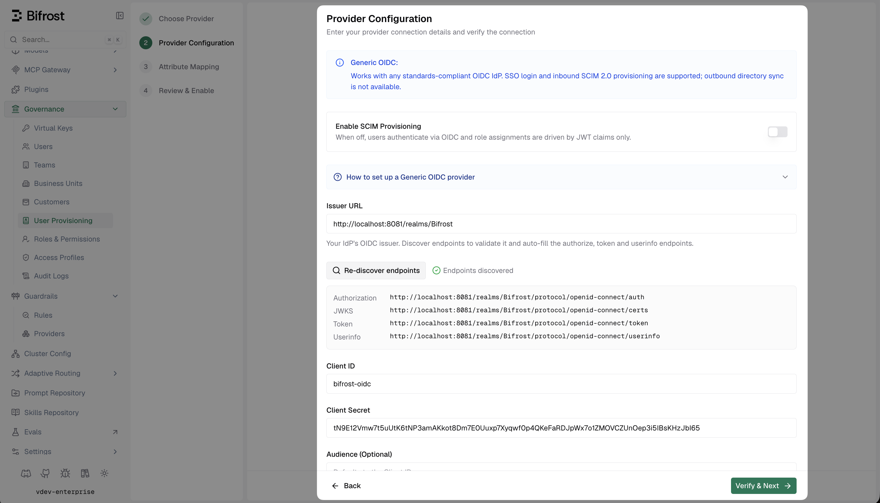 Bifrost Provider Configuration form showing Issuer URL, discovered endpoints, Client ID, Client Secret, and optional Audience fields