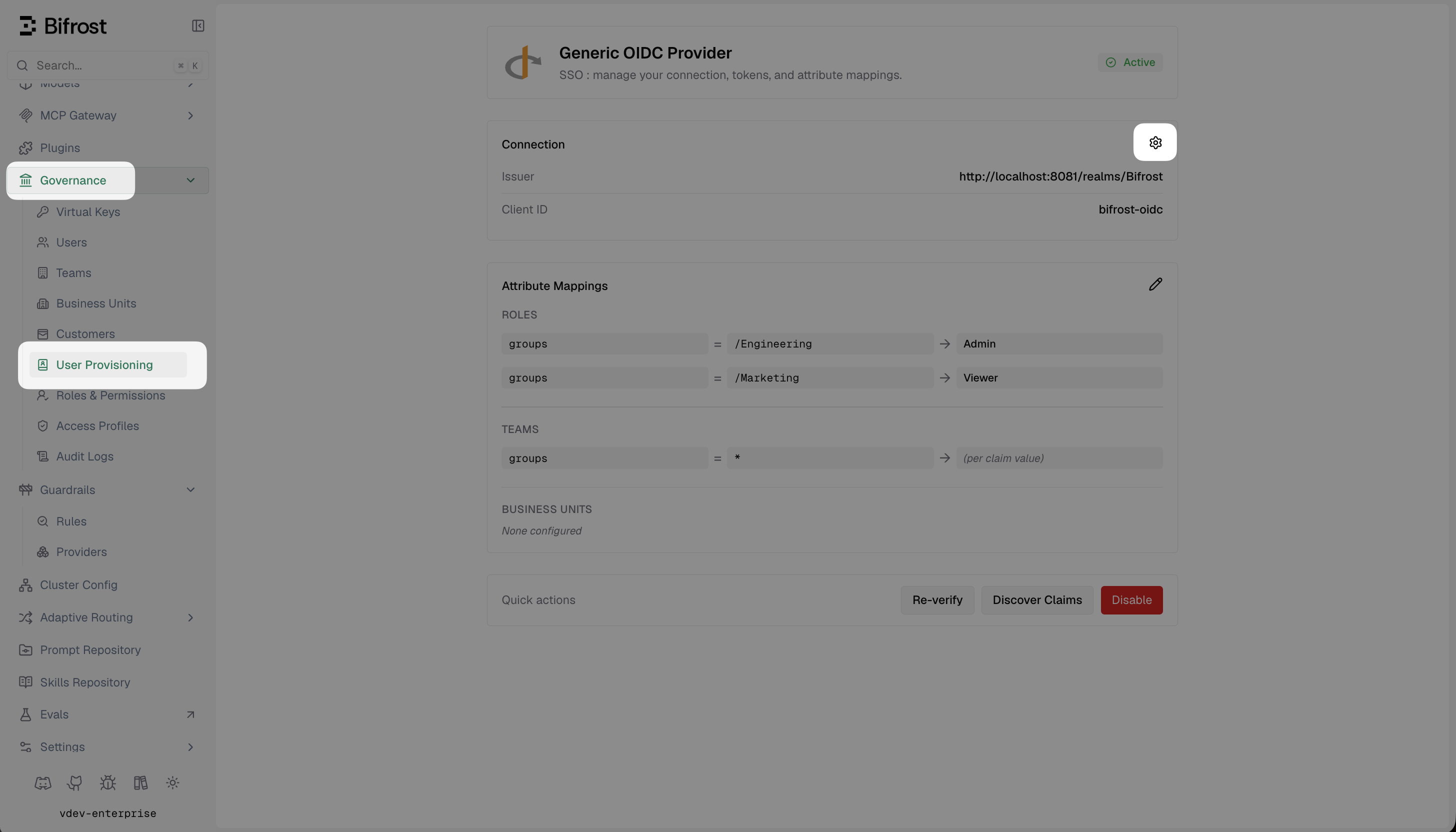 Bifrost Generic OIDC provider dashboard showing connection details, attribute mappings, and quick action buttons