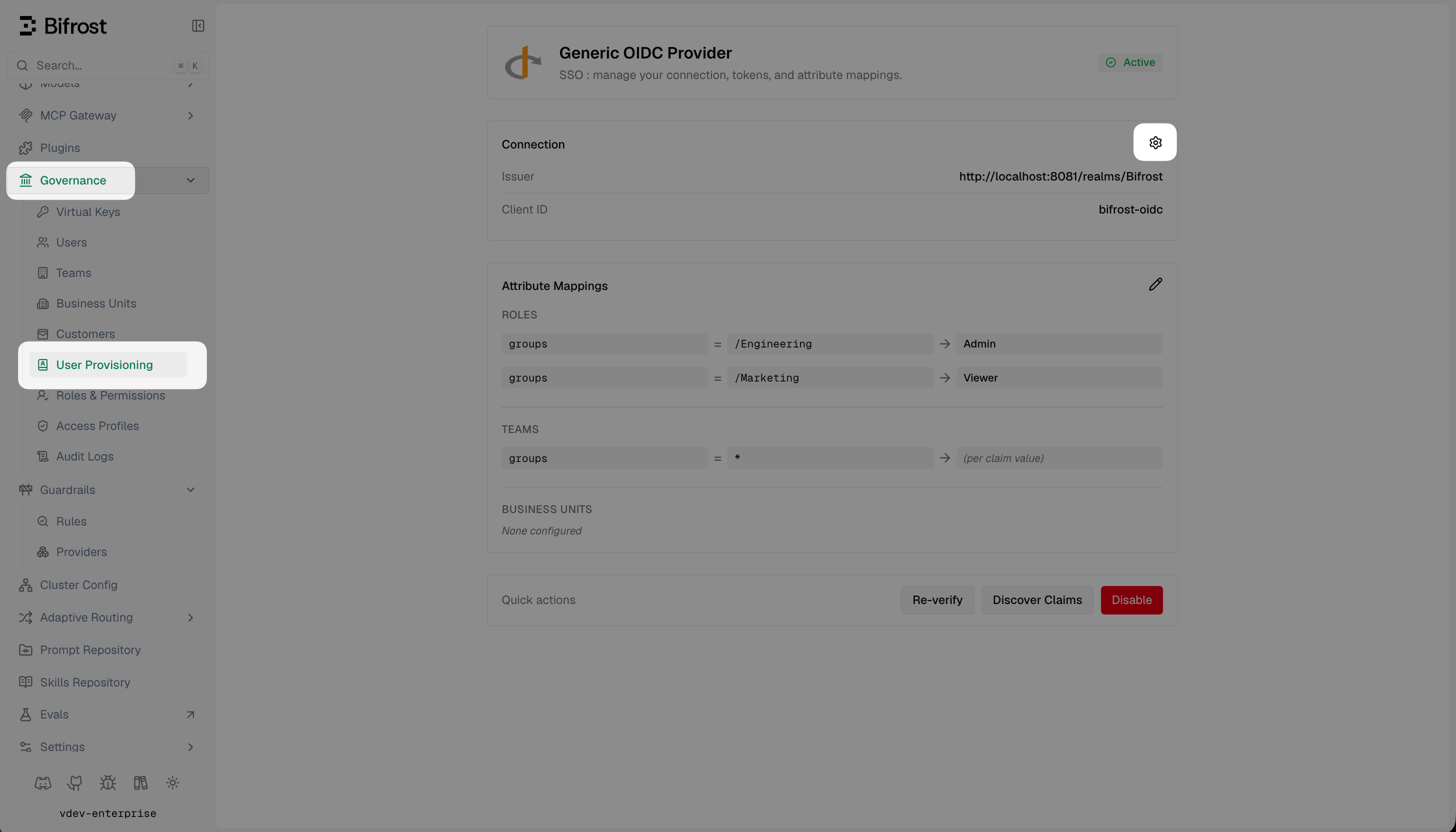 Bifrost Generic OIDC provider dashboard showing connection details, attribute mappings, and quick action buttons