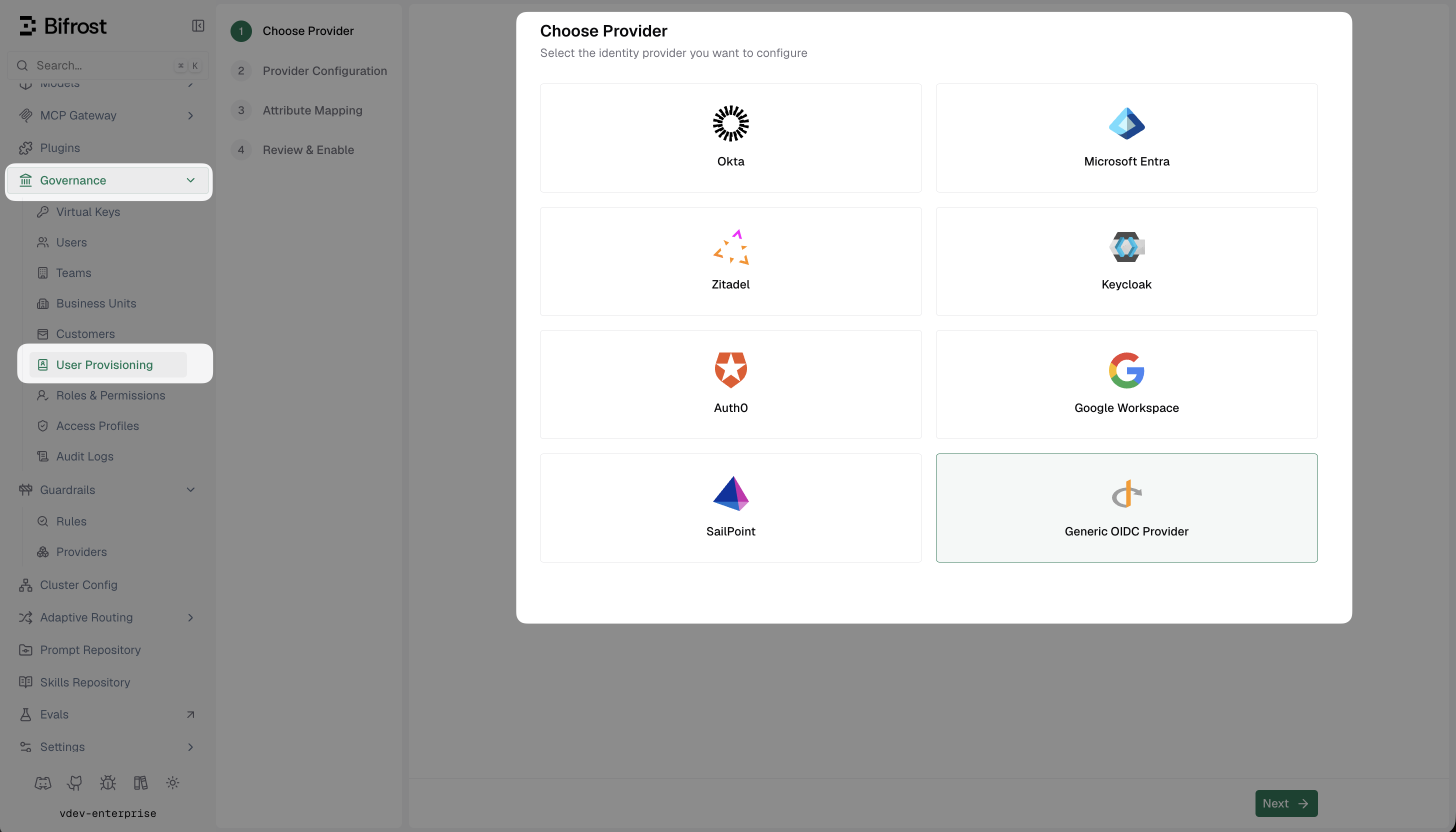 Bifrost Choose Provider screen with Generic OIDC Provider selected