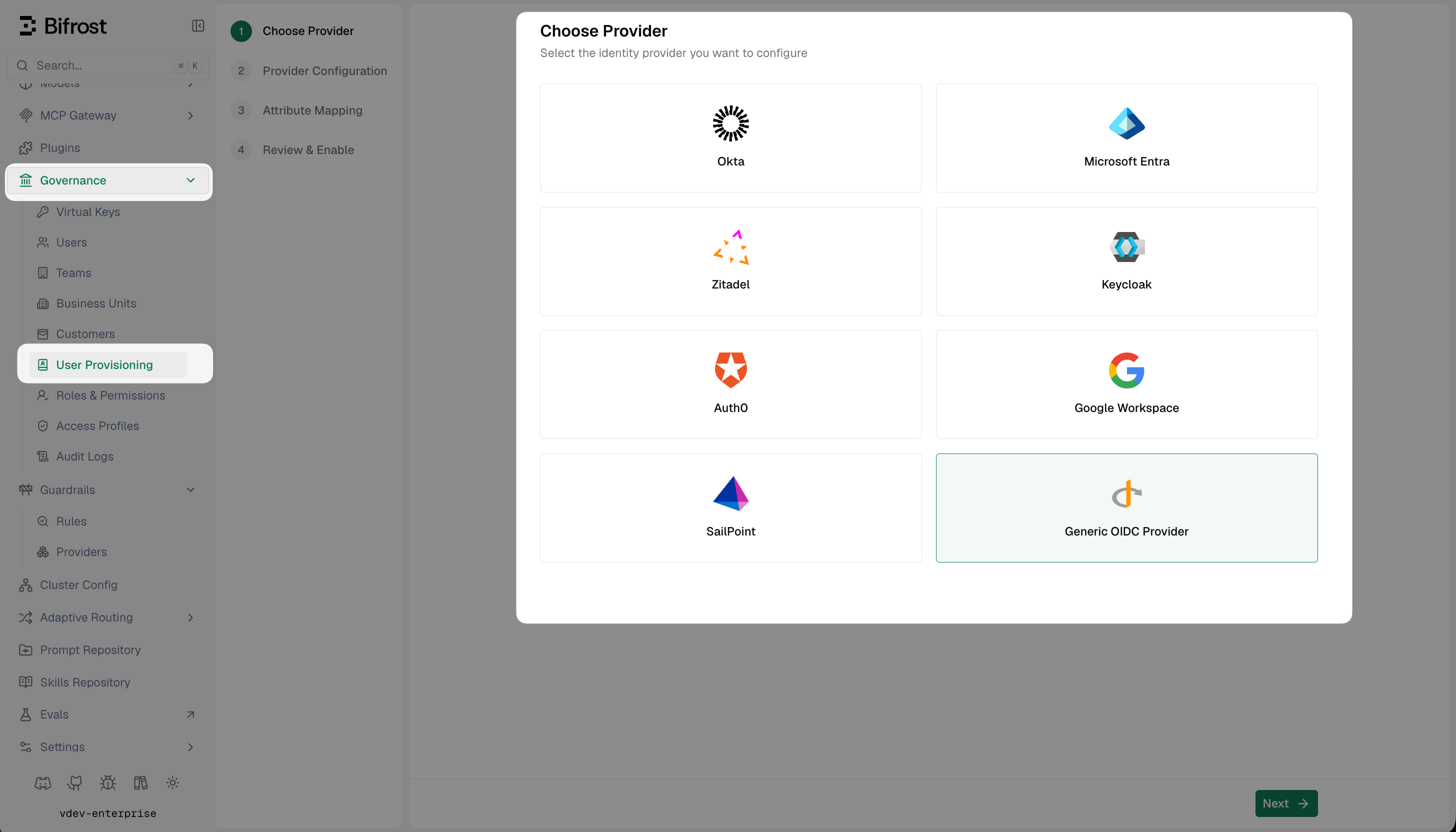 Bifrost Choose Provider screen with Generic OIDC Provider selected