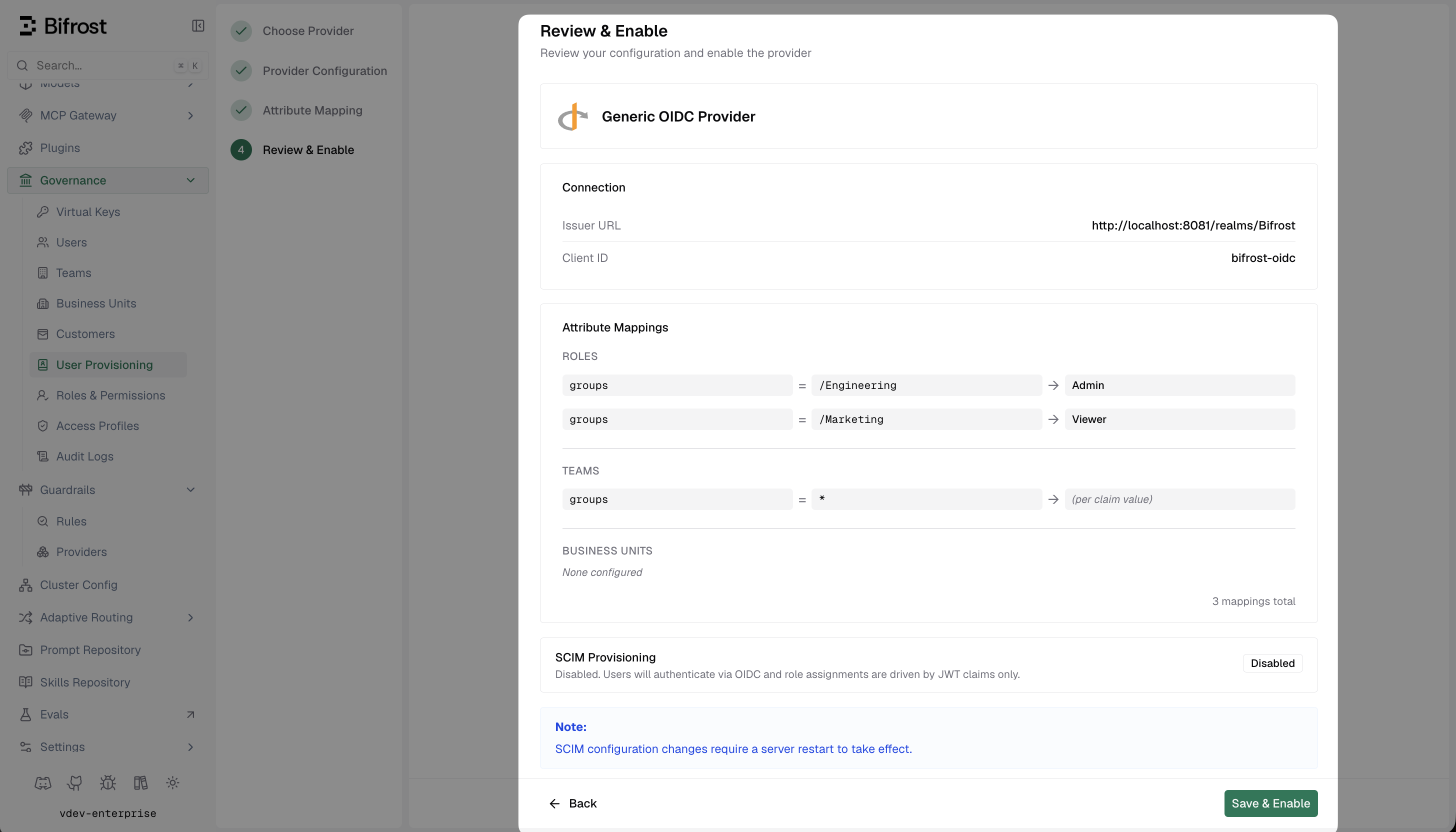 Bifrost Review and Enable screen showing Generic OIDC Provider connection details and configured attribute mappings