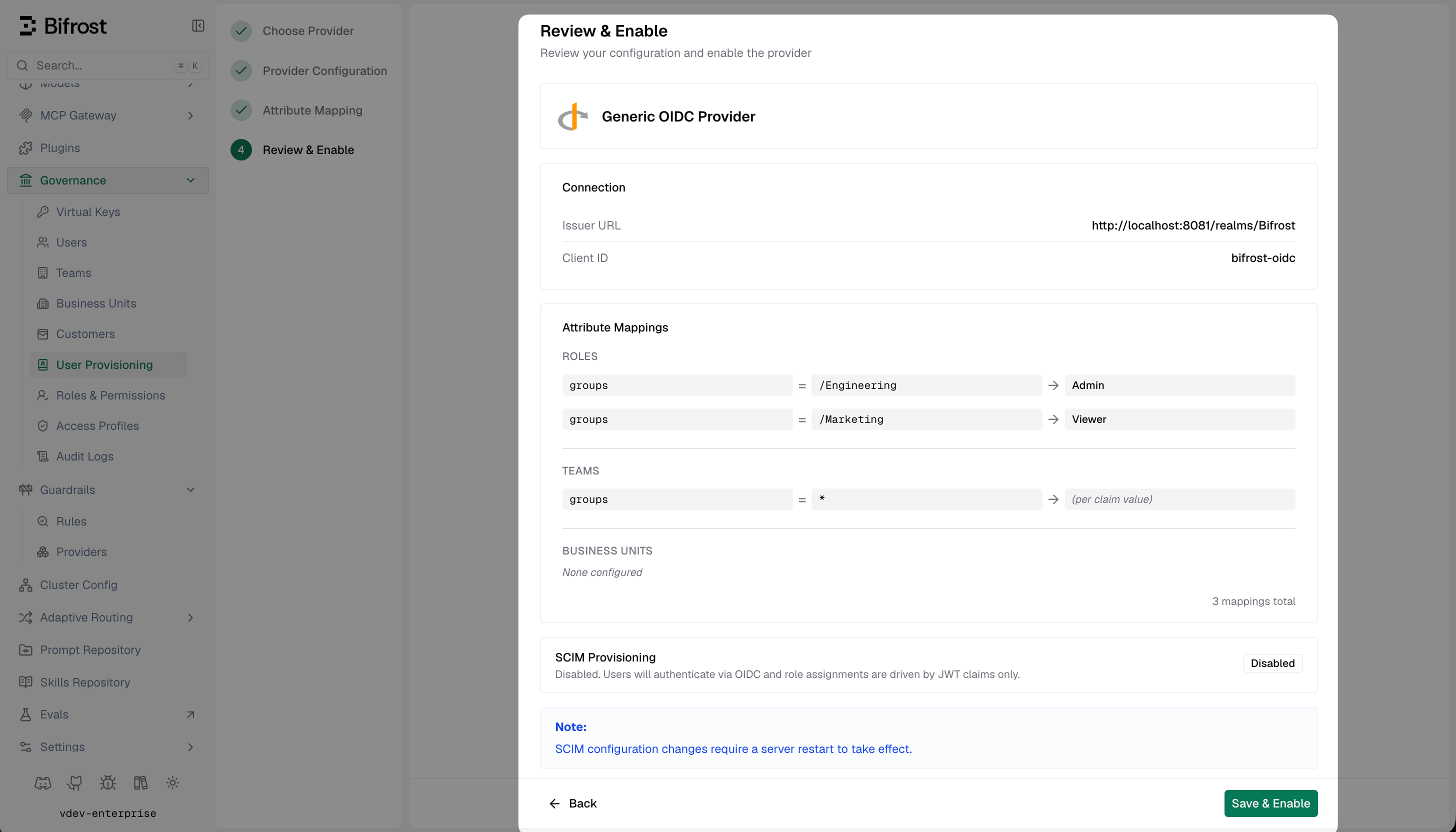Bifrost Review and Enable screen showing Generic OIDC Provider connection details and configured attribute mappings