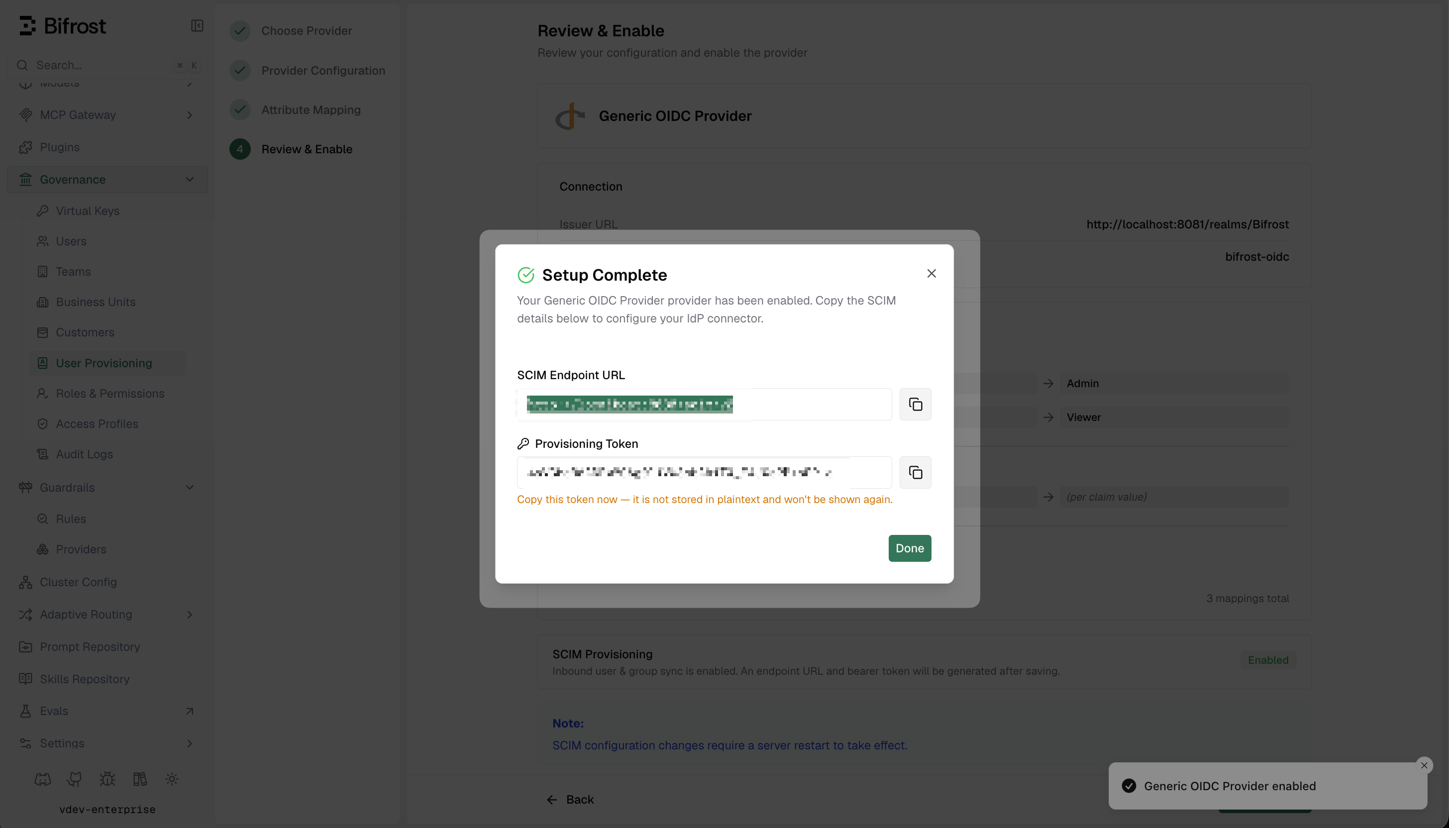 Bifrost Setup Complete dialog displaying the SCIM Endpoint URL and one-time Provisioning Token
