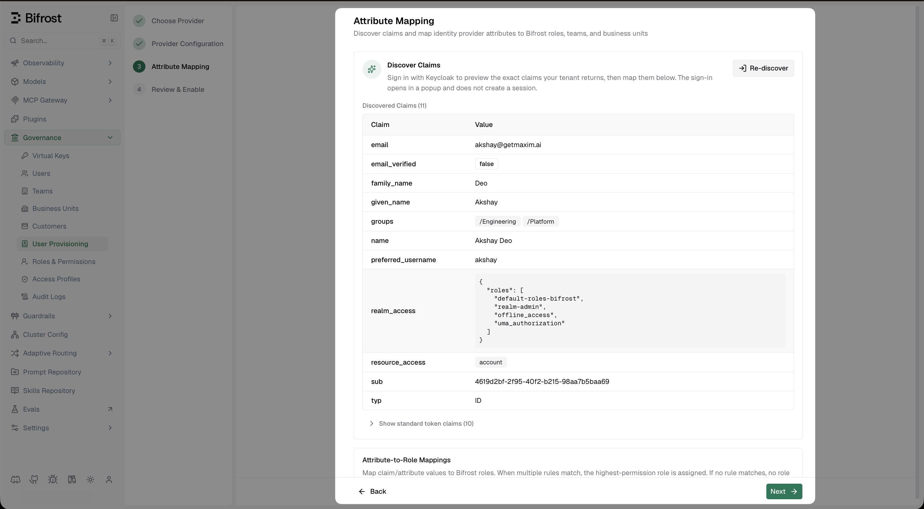 Bifrost Discover Claims screen showing claims including email, groups with /Engineering and /Platform paths, and realm_access with roles array
