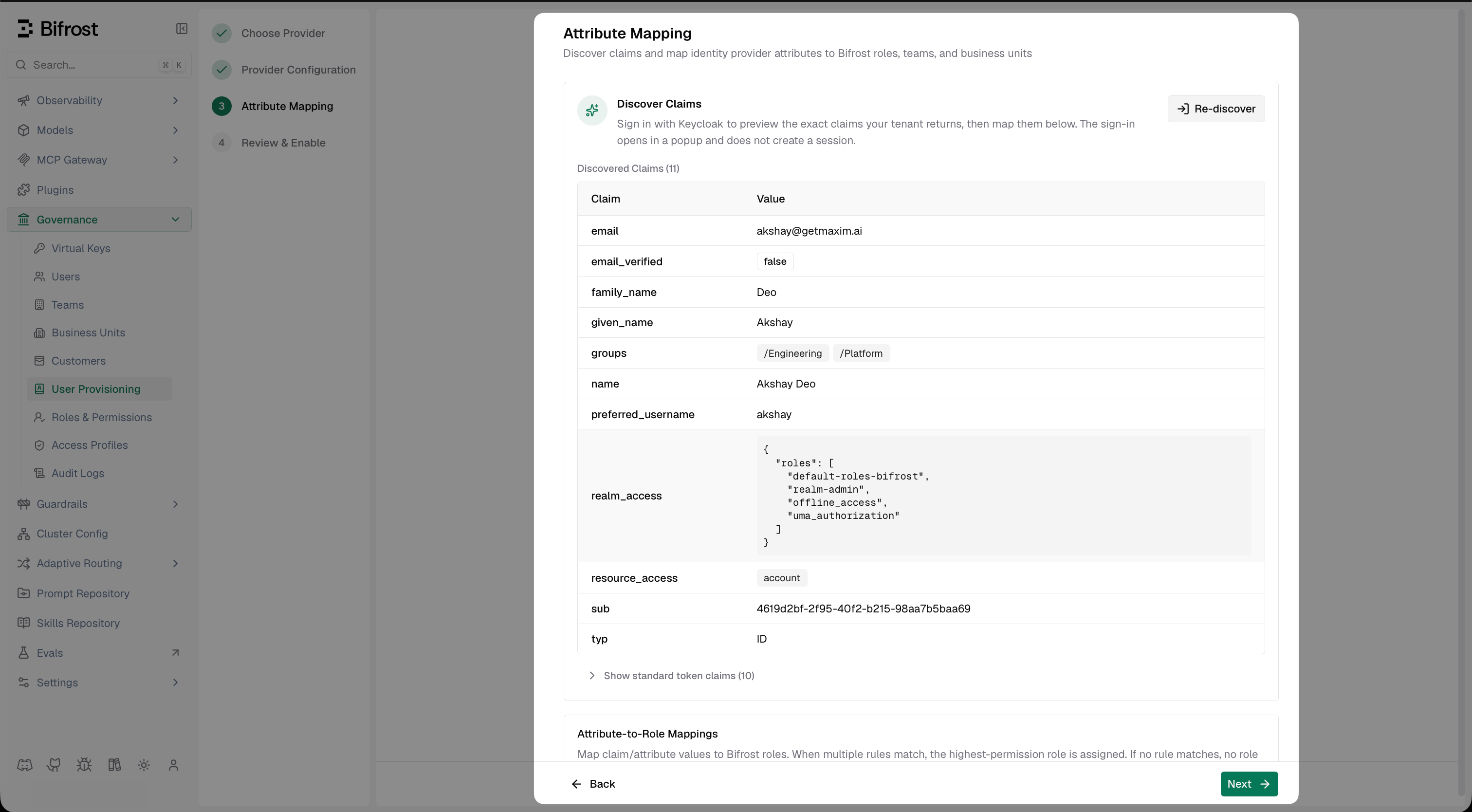 Bifrost Discover Claims screen showing claims including email, groups with /Engineering and /Platform paths, and realm_access with roles array